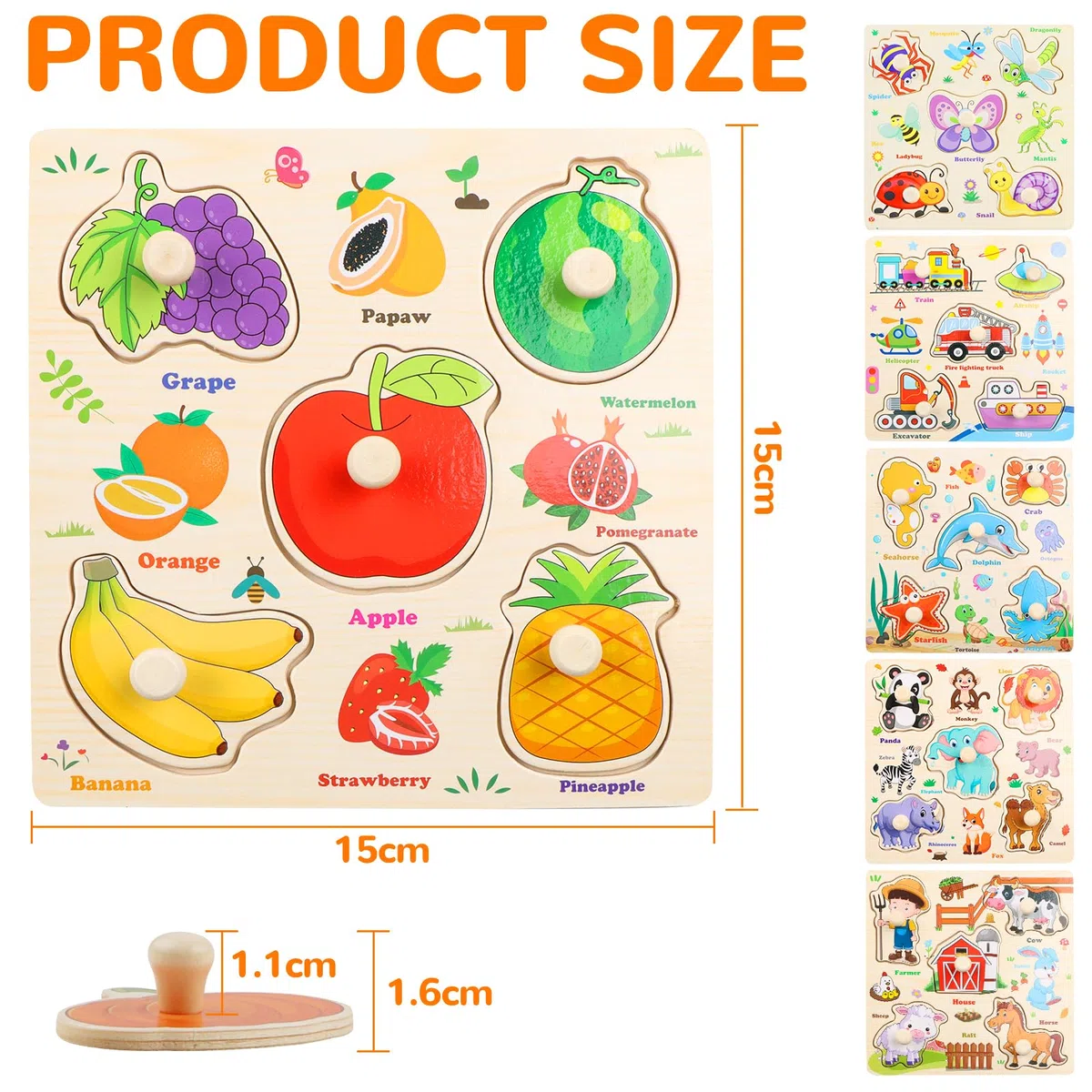 6 Pièces Puzzle Bois avec Poignée - Apprentissage Précoce Puzzle Encastrement éducatif Montessori pour Garçons Filles- Puzzles Encastrable Vehicule Ferme Fruits Animaux Marins Insectes