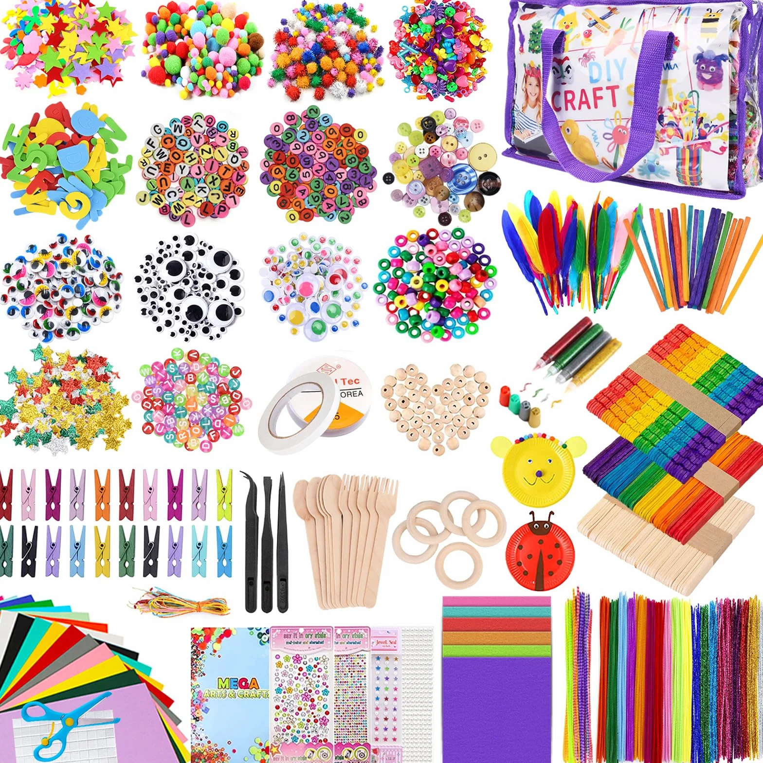 TAVADA Kit Bricolage Enfant,3000+ Pièces Pipe Cleaners Crafts Set Manuelles pour Enfants DIY Activites Manuelles Loisirs Créatifs pour Enfants,Ponpon Couleur,Plume,Autocollants,Lettre