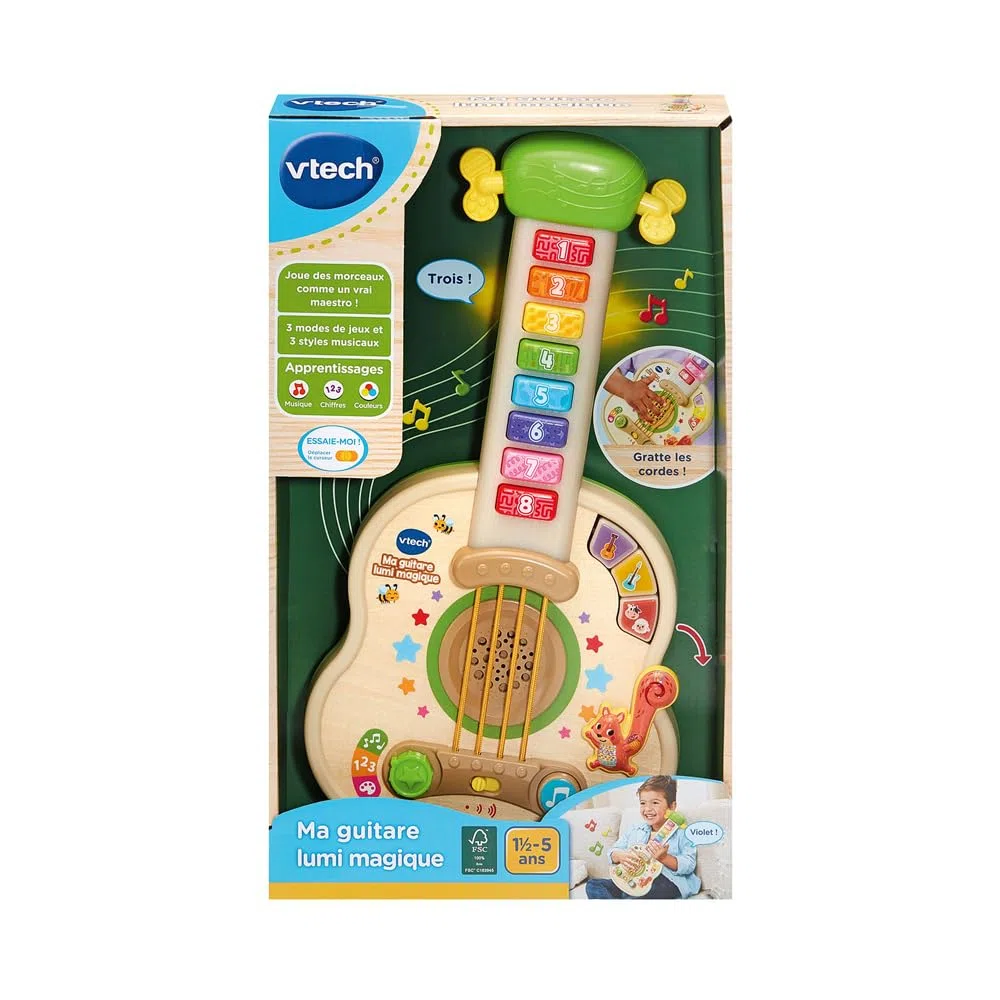 VTech - Ma Guitare Lumi Magique, Instrument de Musique Partiellement en Bois, Guitare Acoustique et Électrique, Jeu d'Éveil Musical et de Motricité Fine, Cadeau Bébé Dès 18 Mois - Contenu en Français