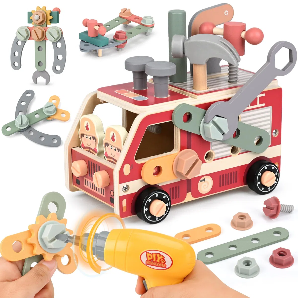 Vanplay Jouet Enfant 3 Ans, Outils Enfant Camion Pompier avec Perceuse Électrique Malette Outils Montessori Jouets en Bois 47 Pièces, Cadeau Garcon Fille 3 4 5 Ans