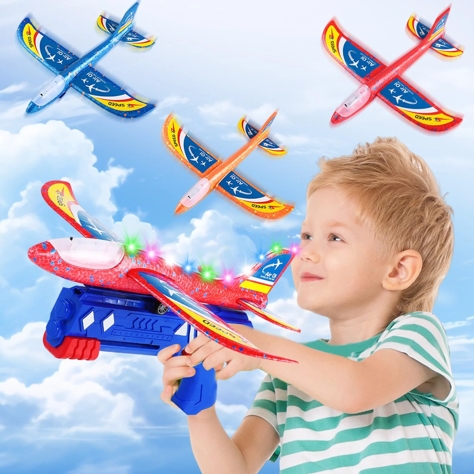Avion Planeur en Polystyrène avec Pistolet Catapulte LED - 3 Avions Jouets Volants pour Enfants 3-10 Ans, Jeux de Lancer Extérieur Cadeau Anniversaire Garçon Fille