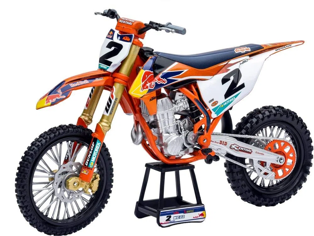 New Ray | Moto KTM 450 SX-F Factory Racing Team 2019 | Réplique Miniature Officielle | Pilote Cooper Webb #2 | Modèle Diecast Multicolore | Idée Cadeau Fan de Motocross | 58213