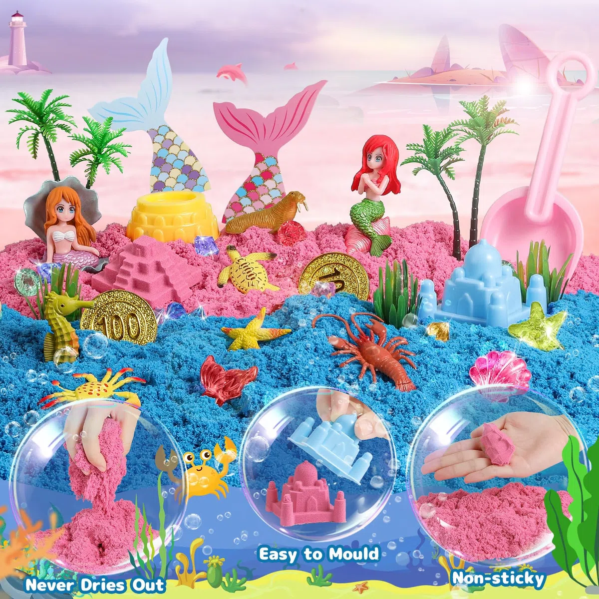 KNASON Sable Jouet Magique pour Sirène, Jeu de Sand Kit pour Filles et Garçons avec 1KG de Sable coloré,Accessoires Trésor et Bac à Sable,Cadeau d'Anniversaire pour les Enfants de 3 4 5 6 7 8 ans