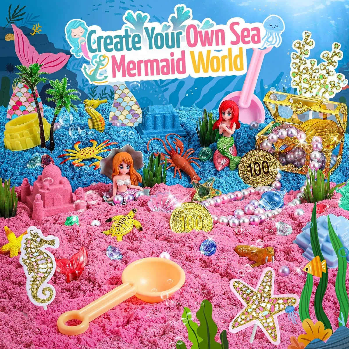 KNASON Sable Jouet Magique pour Sirène, Jeu de Sand Kit pour Filles et Garçons avec 1KG de Sable coloré,Accessoires Trésor et Bac à Sable,Cadeau d'Anniversaire pour les Enfants de 3 4 5 6 7 8 ans