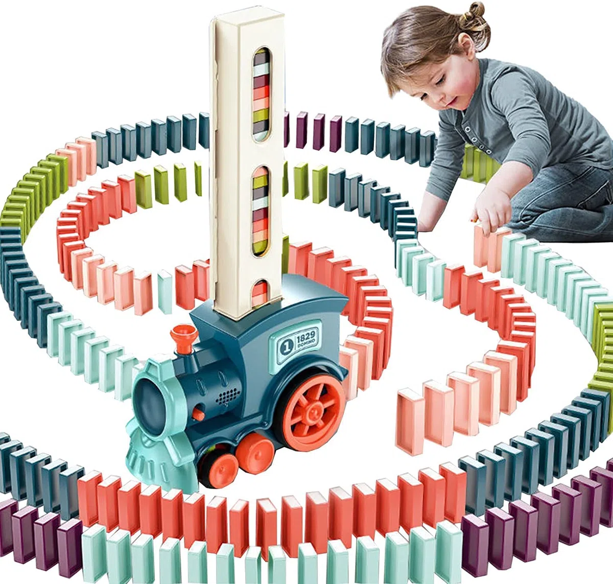OBEST 180Pcs Jouets de Train Domino Ensemble, Train Électrique avec Lumières et Musique, Automatique Rallye Train Empilés Blocs Domino Enfants, Jouets éducatifs pour Garçons et Filles (Bleu)