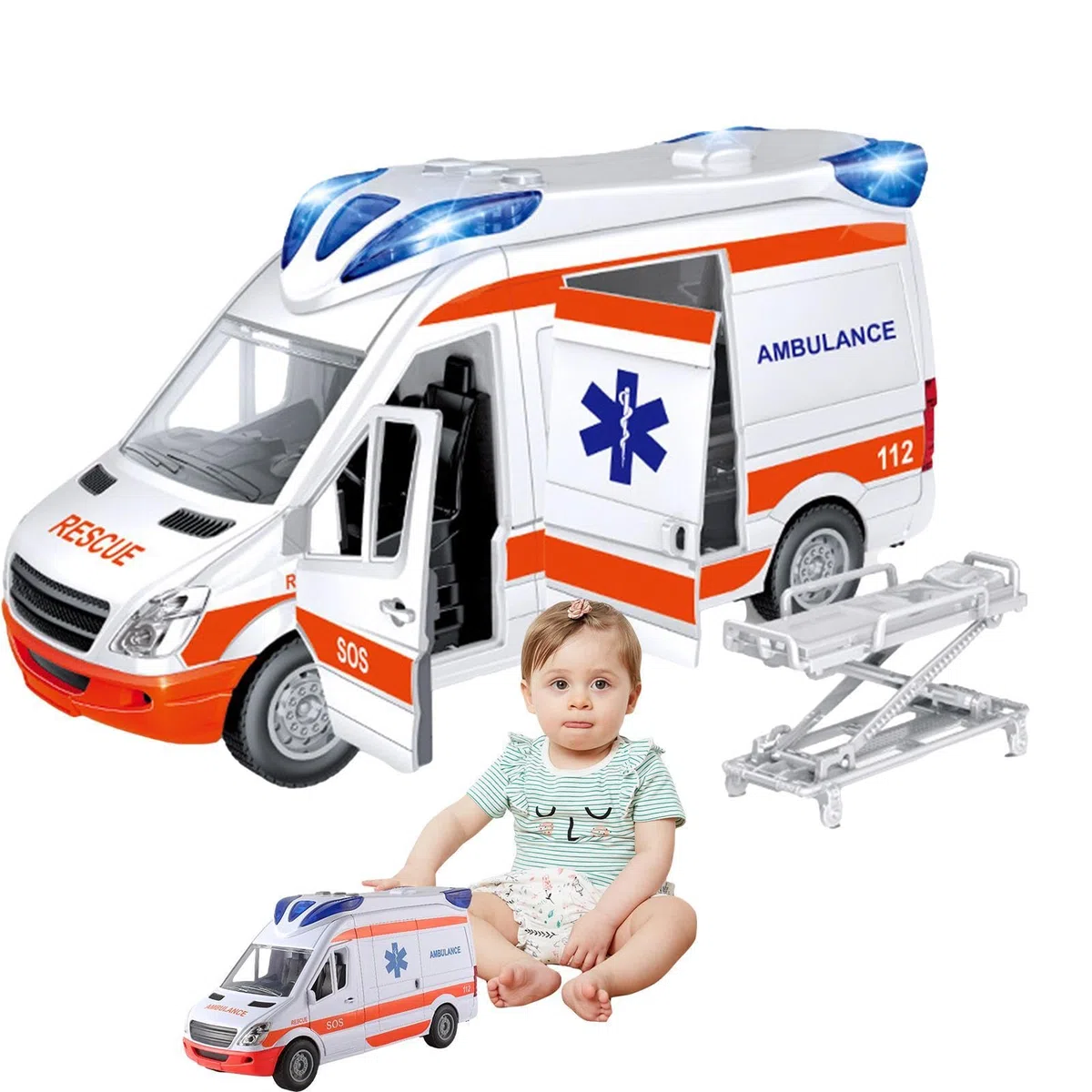 Generico Toy Ambulance Rescue Vehicle | Large Kids Ambulance Car With Stretcher, Opening Back Door, Lights & Sounds | Role-Play Rescue Toy For Children Ages 3-8
