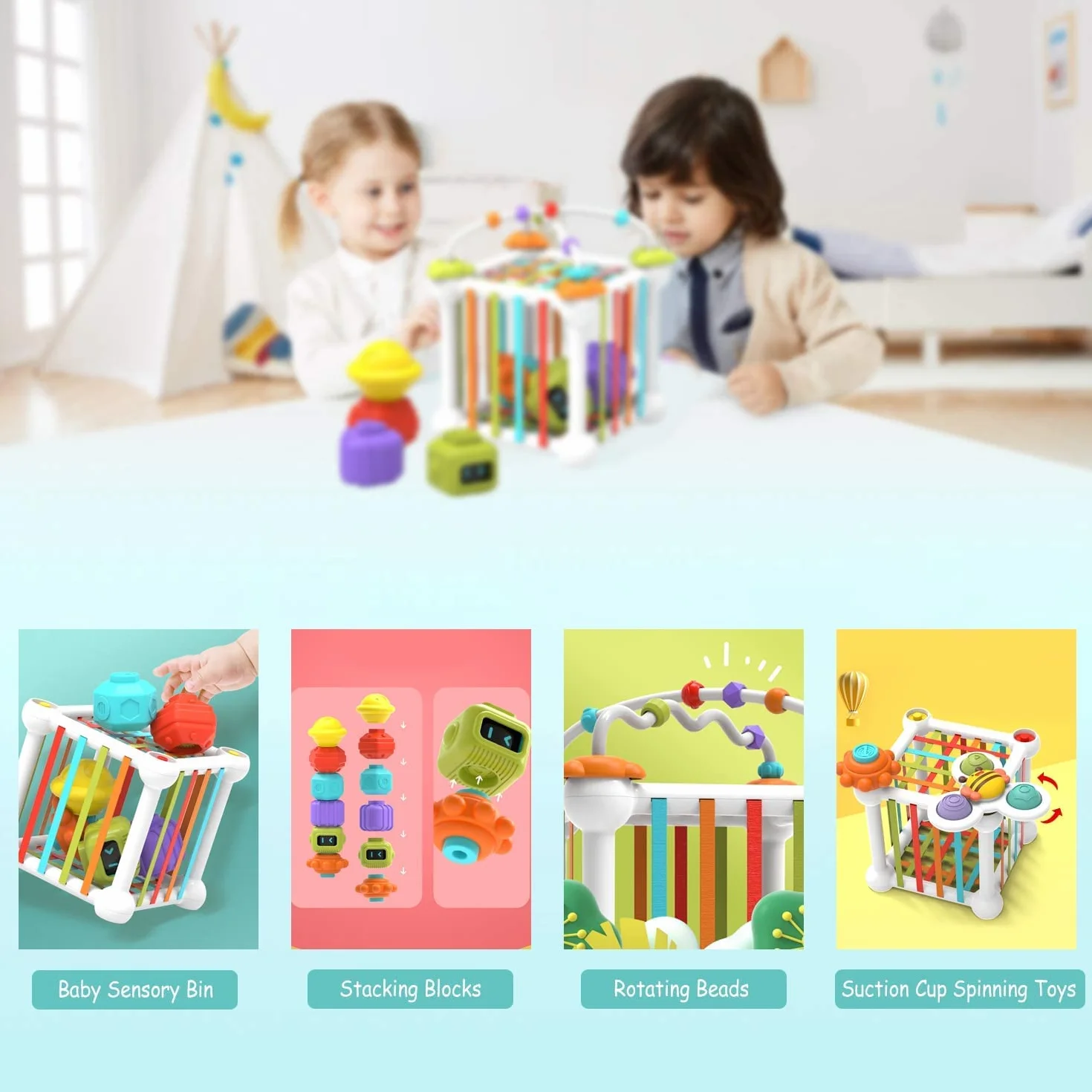 Jouets d'éveil Montessori Cubes pour Bébés 12PCS, Trieur de Formes, avec 3 Jouets à Spinner Ventouse et 6 Formes Multisensorielles et Labyrinthe de Perles, pour enfants 1-3 Ans