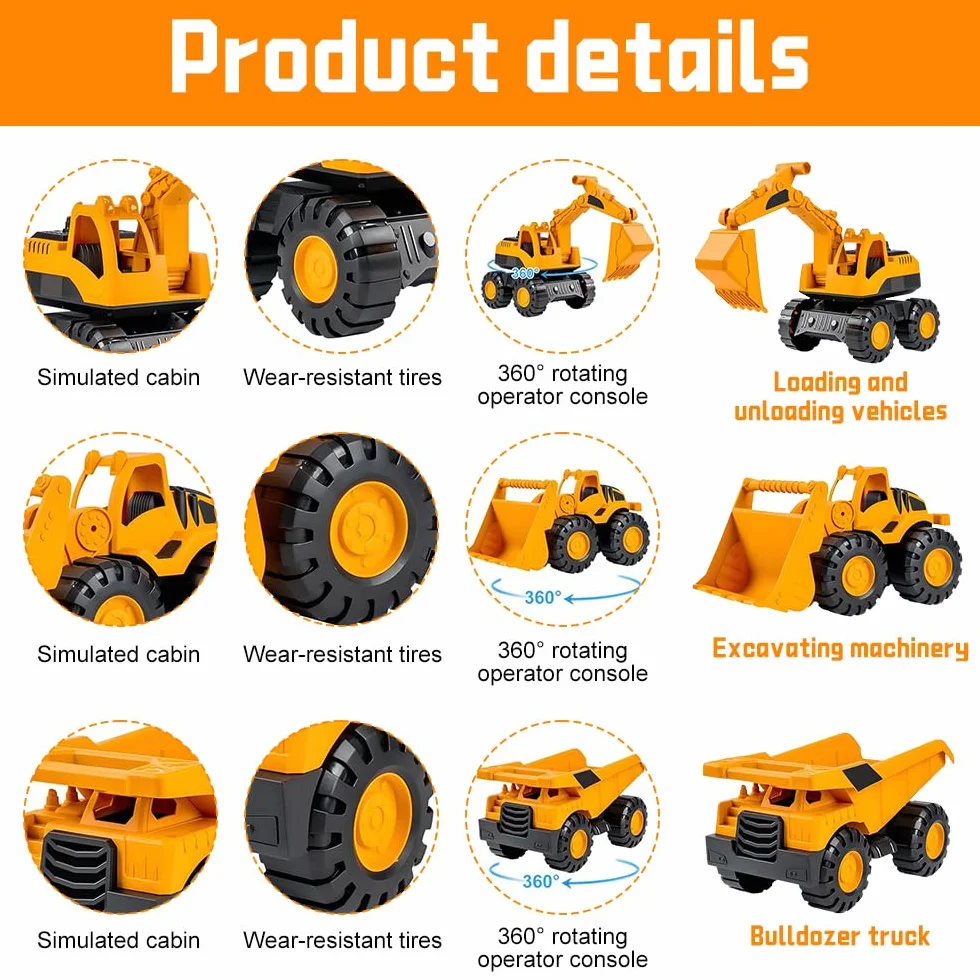 Lot de 3 Jouets de Pelleteuse, Pelleteuse Enfant, Camion Chantier Enfant, Camion à Benne Basculante, Chargeur, Excavatrice, Jouets pour Bac à Sable, Jouet pour Enfants Dès 3 Ans (Jaune)