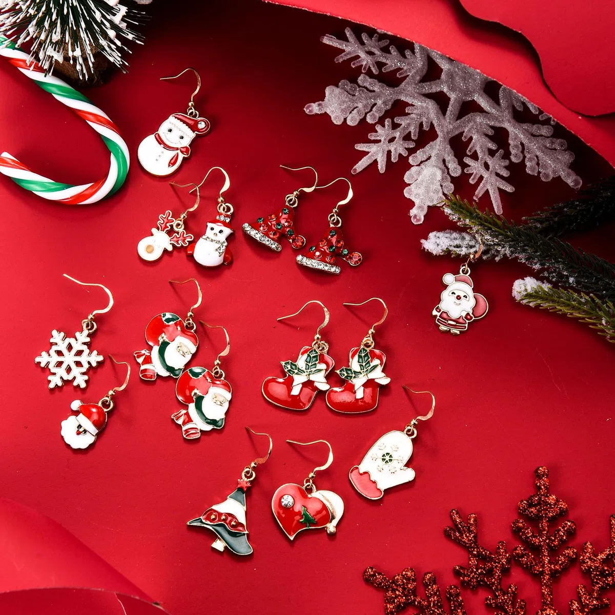 12 Paires Boucles d'Oreilles Pendantes de Noël - Ensemble de Bijoux Stud pour Femmes, Filles, Enfants - Goutte, Bonhomme de Neige, Flocon (Ensemble de Style 1)