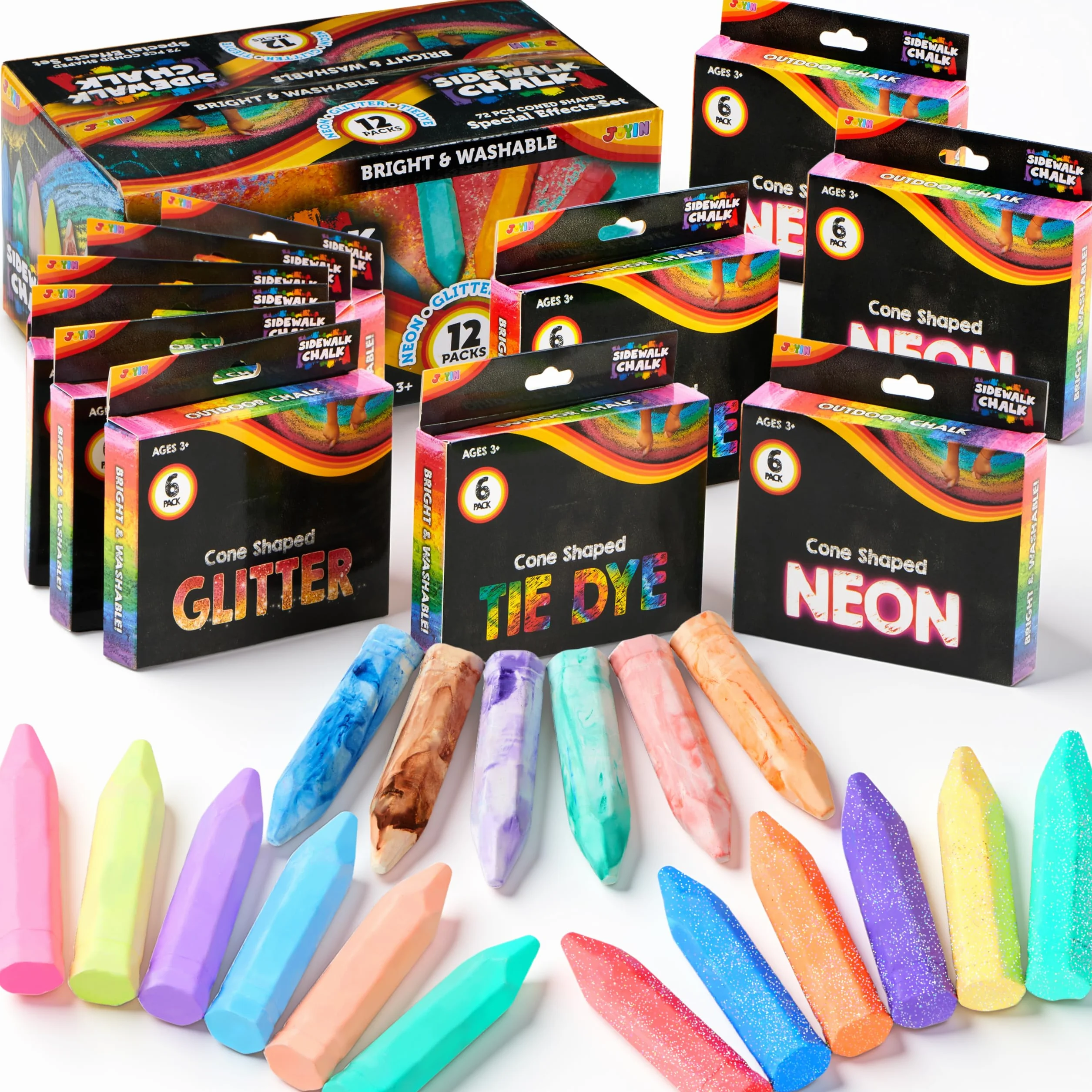 JOYIN Lot de 72 craies de trottoir lavables en 12 paquets, 18 couleurs, dont 12 tie-dye, 12 paillettes et 12 couleurs fluo, fournitures scolaires, salle de classe, extérieur, cadeau pour enfants