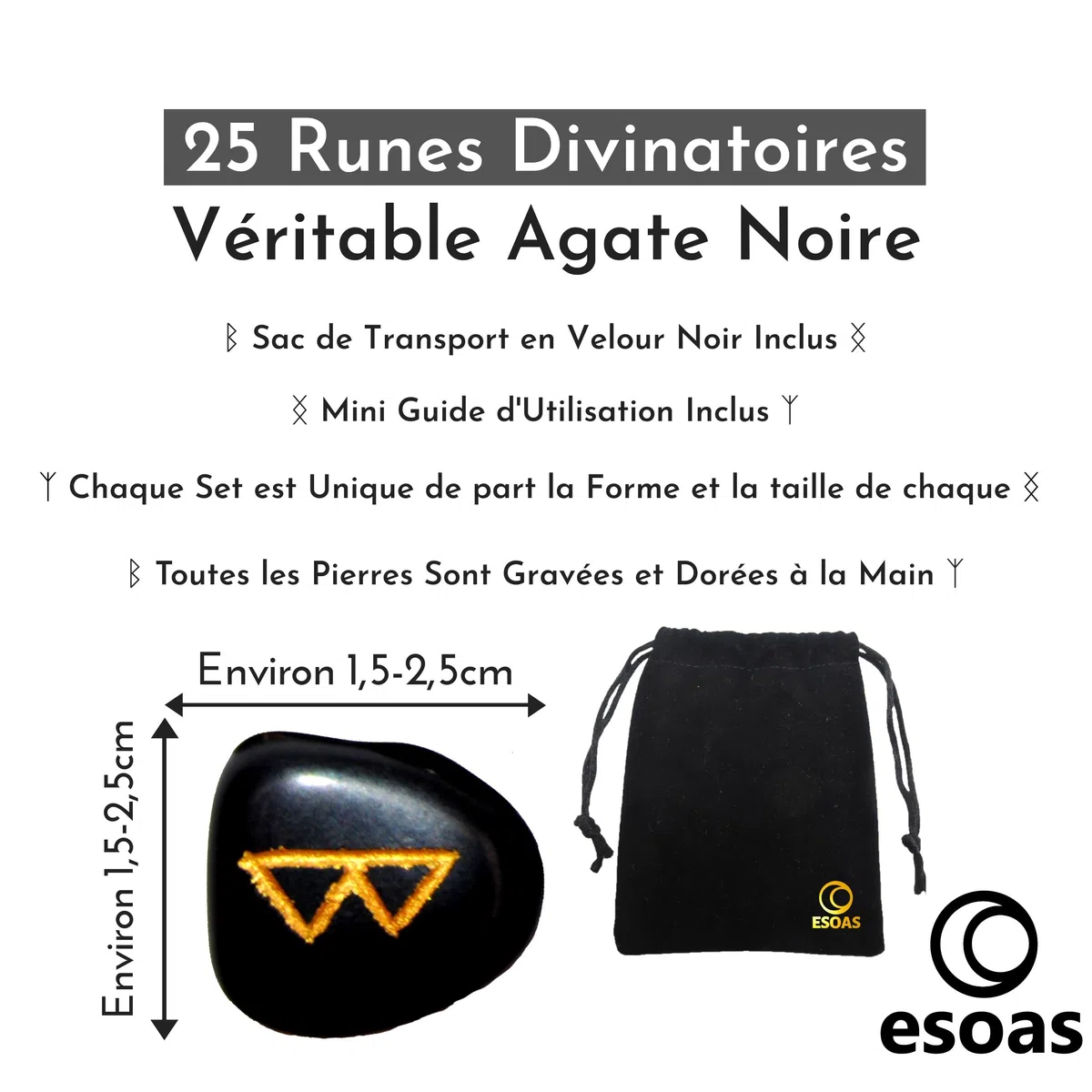 RUNES DIVINATOIRES VIKING, Set x25 Pierres Polies Semi Précieuses Gravées (Agate Noire) Avec Sac. Idéal Pour Divination, Voyance et Magie. Alphabet Runique Futhark, Oracle de la Mythologie Nordique