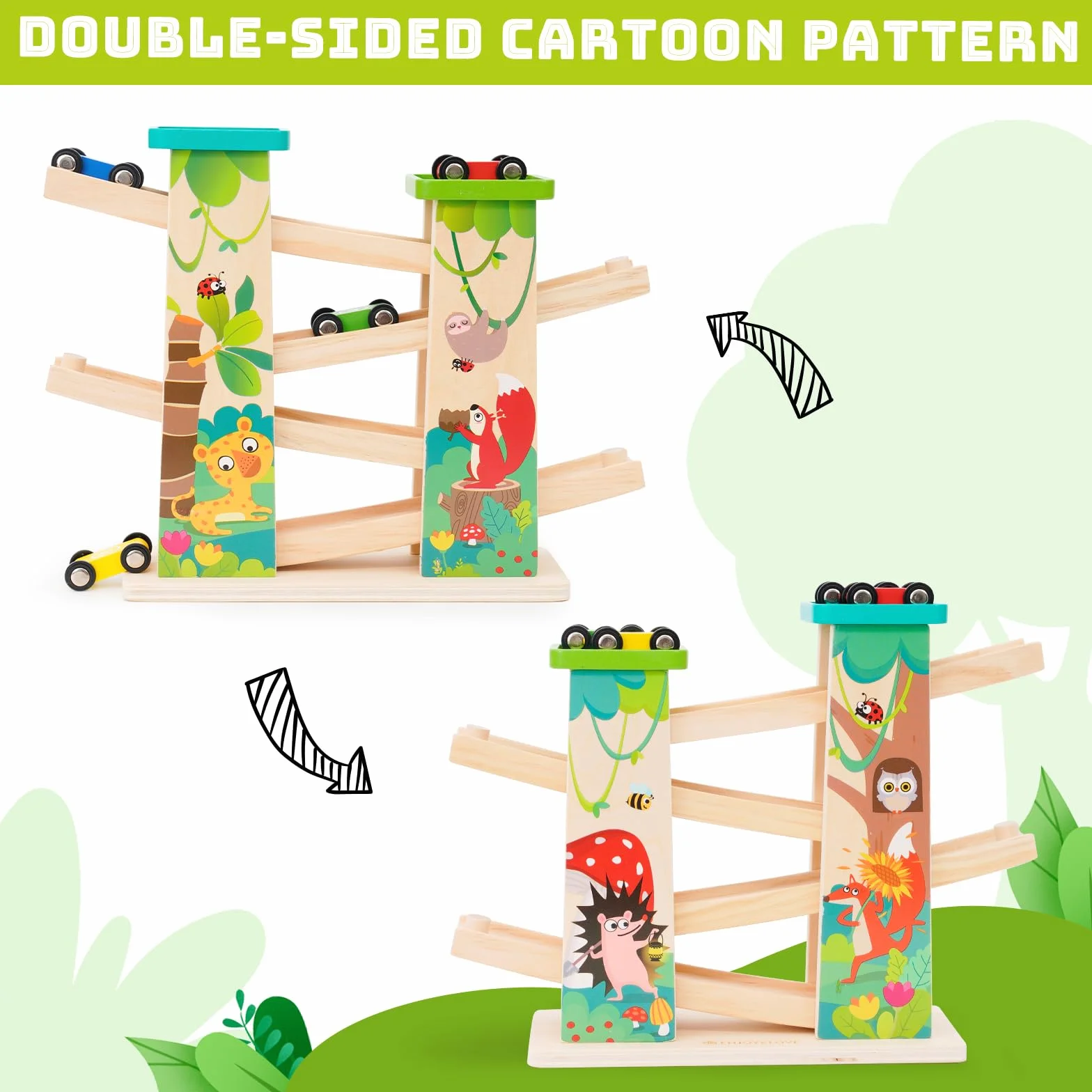 Jouet Garage Voiture Bois pour Enfant,Cadeau Educatif pour Garçon 1 2 3 Ans,Jouet Rampe de Course en Bois avec 4 Voitures et 2 Parkings Haut de Gamme