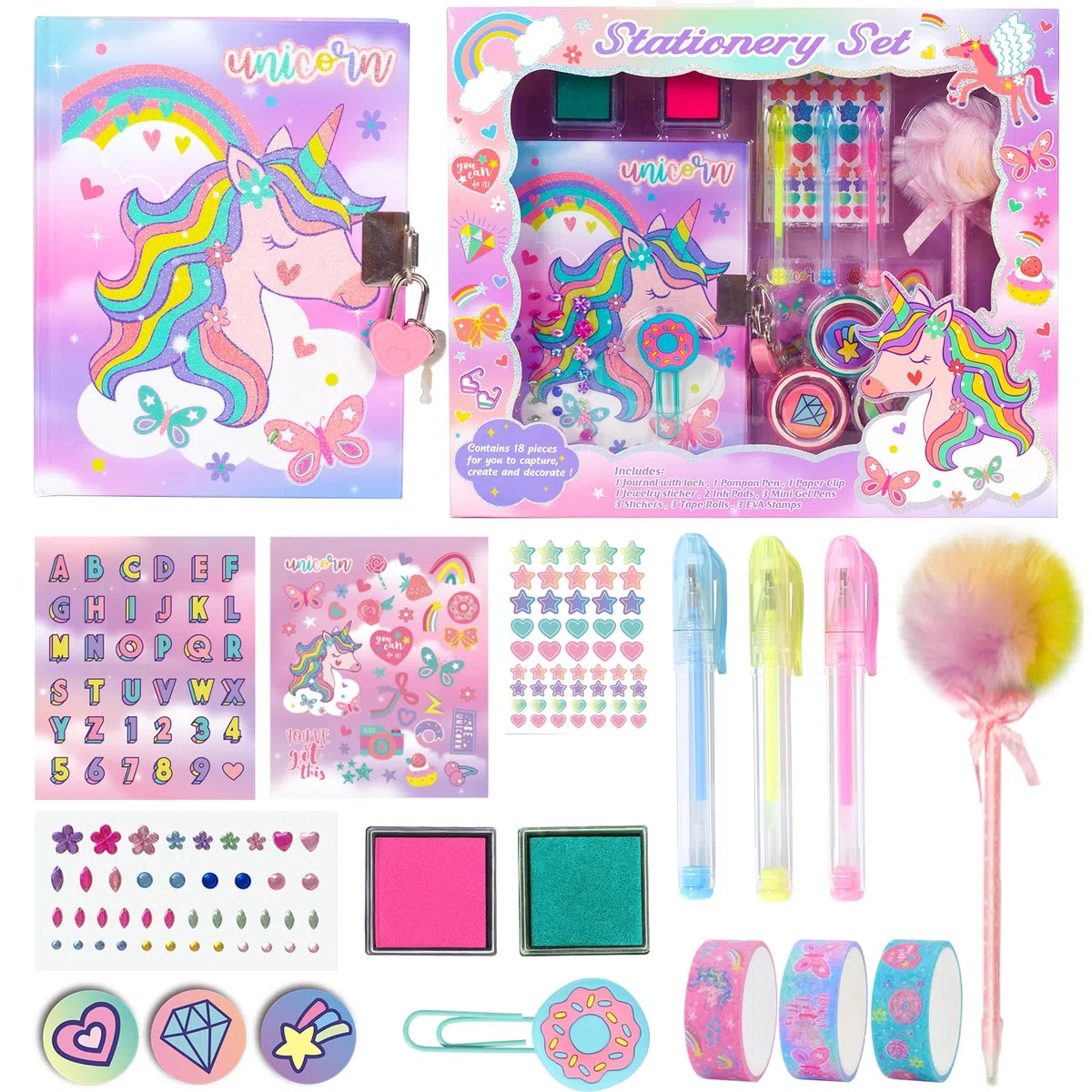 Journal intime licorne pour filles avec serrure et clés, ensemble de papeterie licorne avec agenda, timbres, autocollants, stylos, journal licorne cadeau d'anniversaire pour filles de 4 à 12 ans