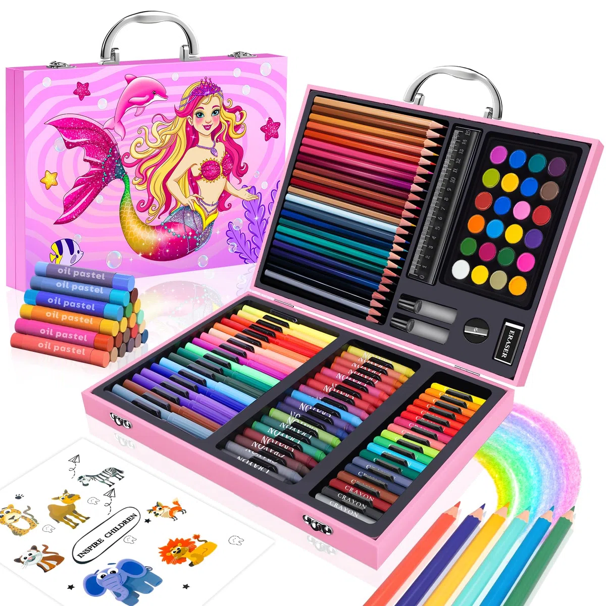 Sirène Malette De Coloriage Enfant,Malette De Dessin Enfant De 4 à 12 Ans, Malette De Coloriage Fille Avec Feutres, Pastels à L'Huile, Crayons, Crayons De Couleur,Cadeaux De NoëL