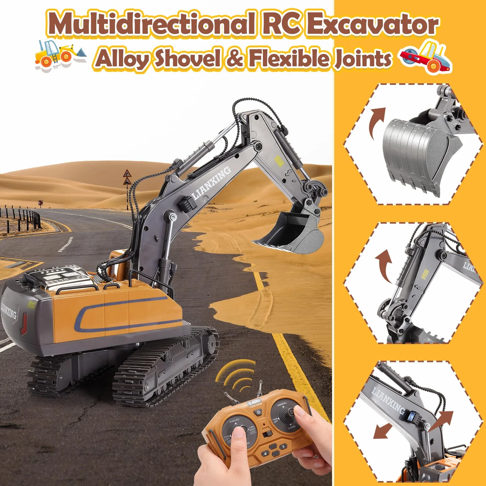 Echelle 1:20 Pelleteuse Télécommandée Jouet Garçon 3-8 Ans, 2.4GHz Tracteur Enfant Avec Effets Lumineux, Cadeau Et Jeux Exterieur