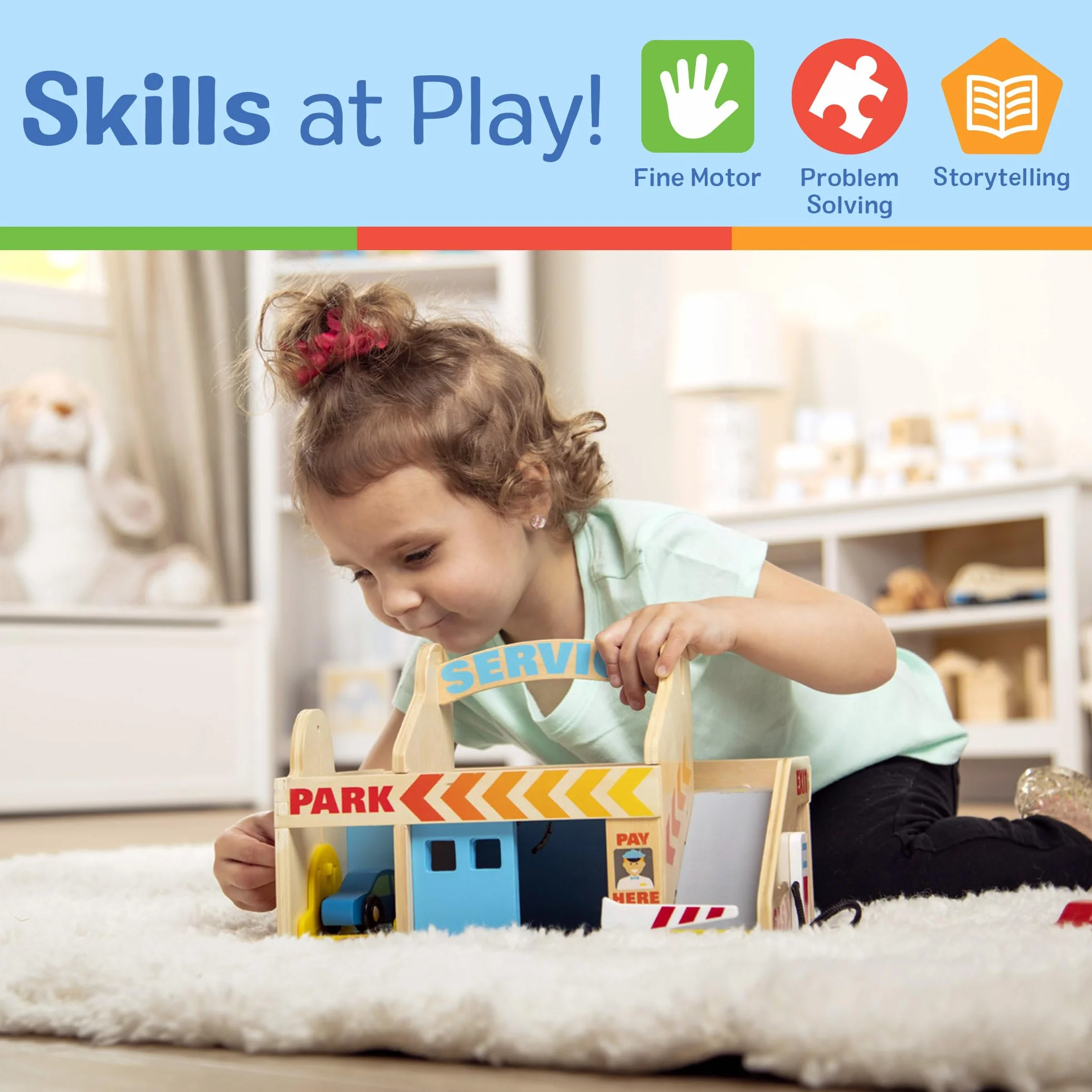Melissa & Doug - Station Service - Garage À Niveaux Avec 2 Véhicules - Voiture Enfant - Jeu Imitation - Jouet En Bois - Jouet D'Activité, De Développement Et D'Apprentissage - Cadeau Enfant 3 Ans Et +