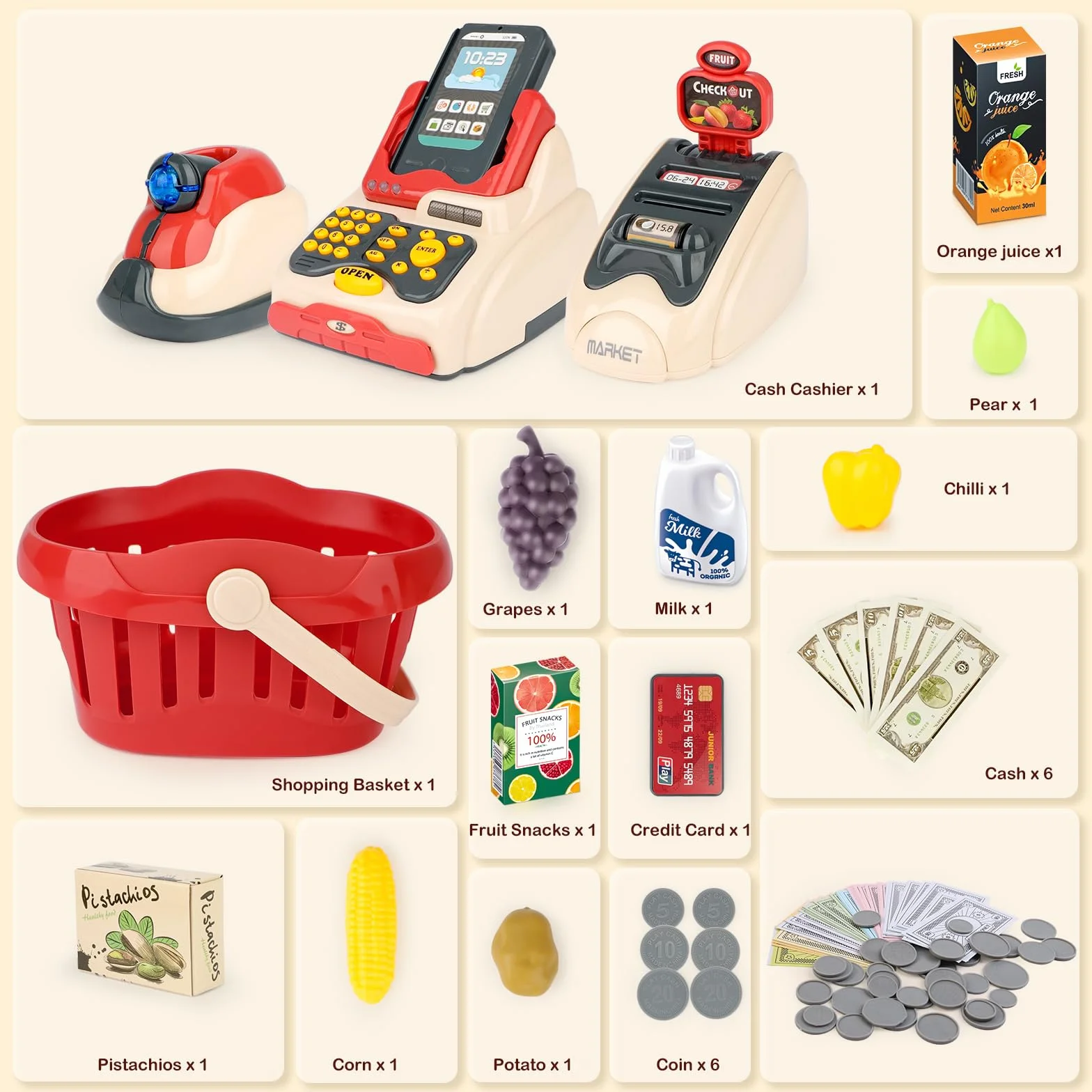 deAO Kit de supermarché avec Une Caisse enregistreuse avec Scanner, Une Carte de crédit, des Aliments, de l’Argent et des Accessoires d’épicerie – Jeu de rôle pour Enfants.