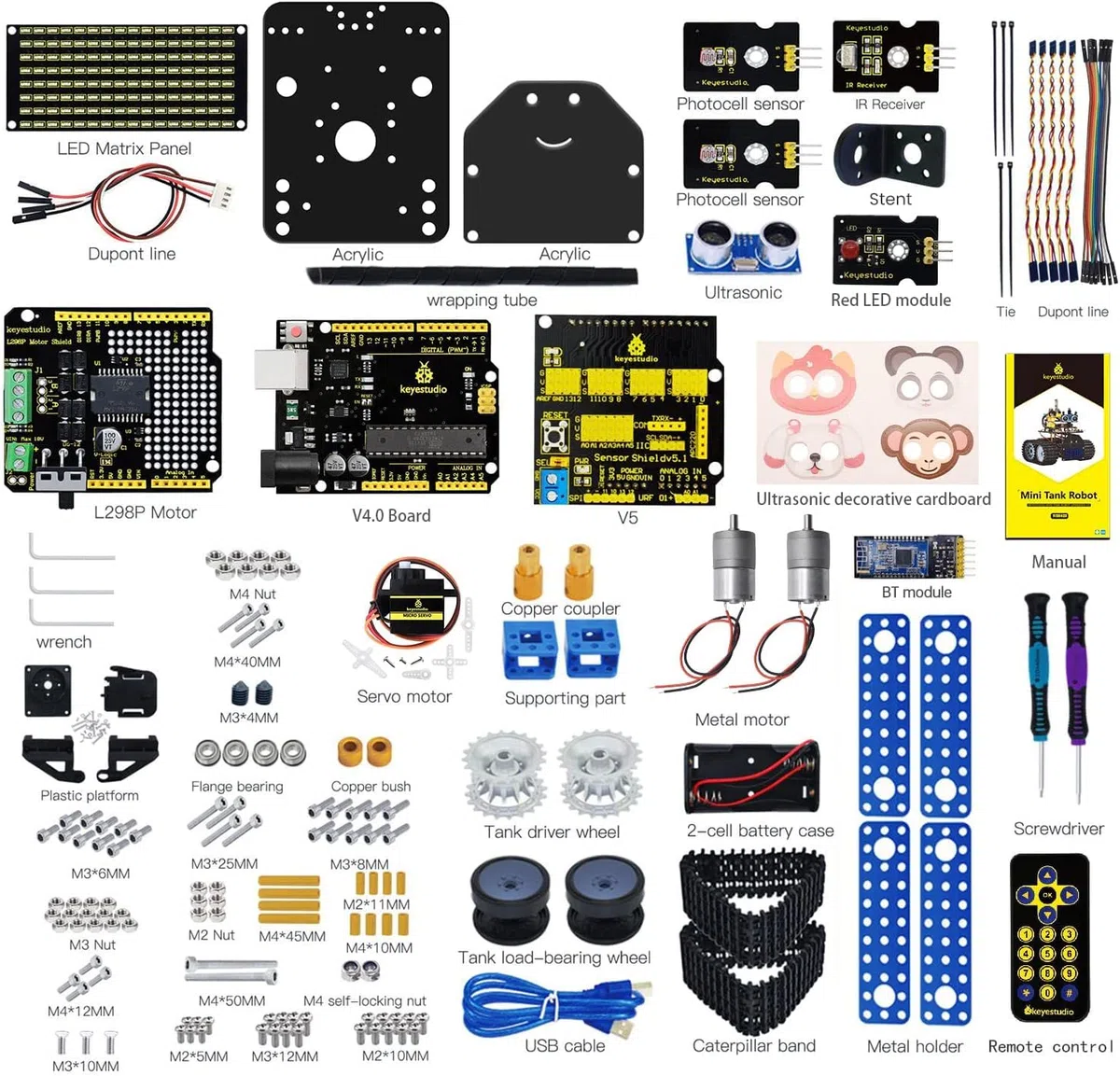 KEYESTUDIO Mini Robot de réservoir Smart Car Kit de Suivi par ultrasons et lumière Infrarouge Télécommande électronique DIY Kit robotique pour Enfants et Adolescents Compatible iOS et Android