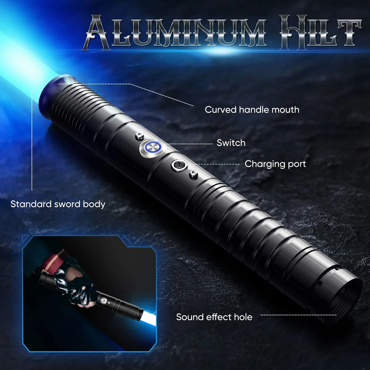 Sabre laser avec effet sonore RVB 7 couleurs changeantes - Sabre laser - Long sabre laser portable rechargeable avec poignée en métal pour enfants, adultes, fête costumée (noir, 77 cm)
