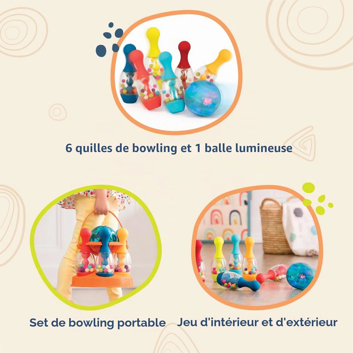 B. toys - Let's Glow Bowling ! - Orange - Jeu de quilles - 6 quilles et 1 Boule Lumineuse - Jeu d'intérieur et d'extérieur - Ensemble de Jeux pour Tout-Petits et Enfants - 2 Ans et +
