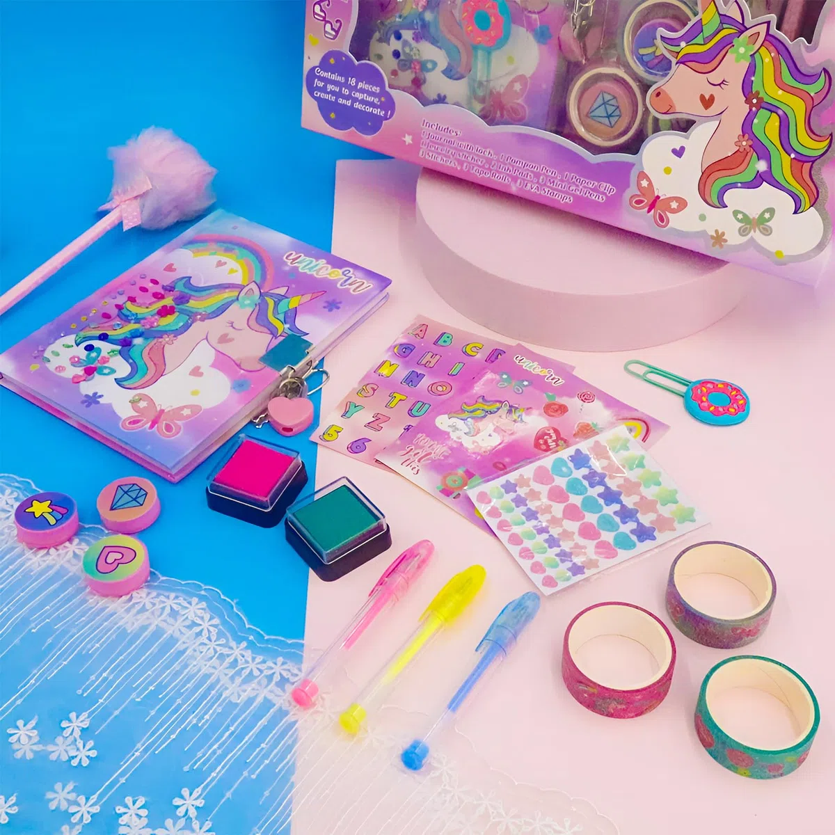 Journal intime licorne pour filles avec serrure et clés, ensemble de papeterie licorne avec agenda, timbres, autocollants, stylos, journal licorne cadeau d'anniversaire pour filles de 4 à 12 ans