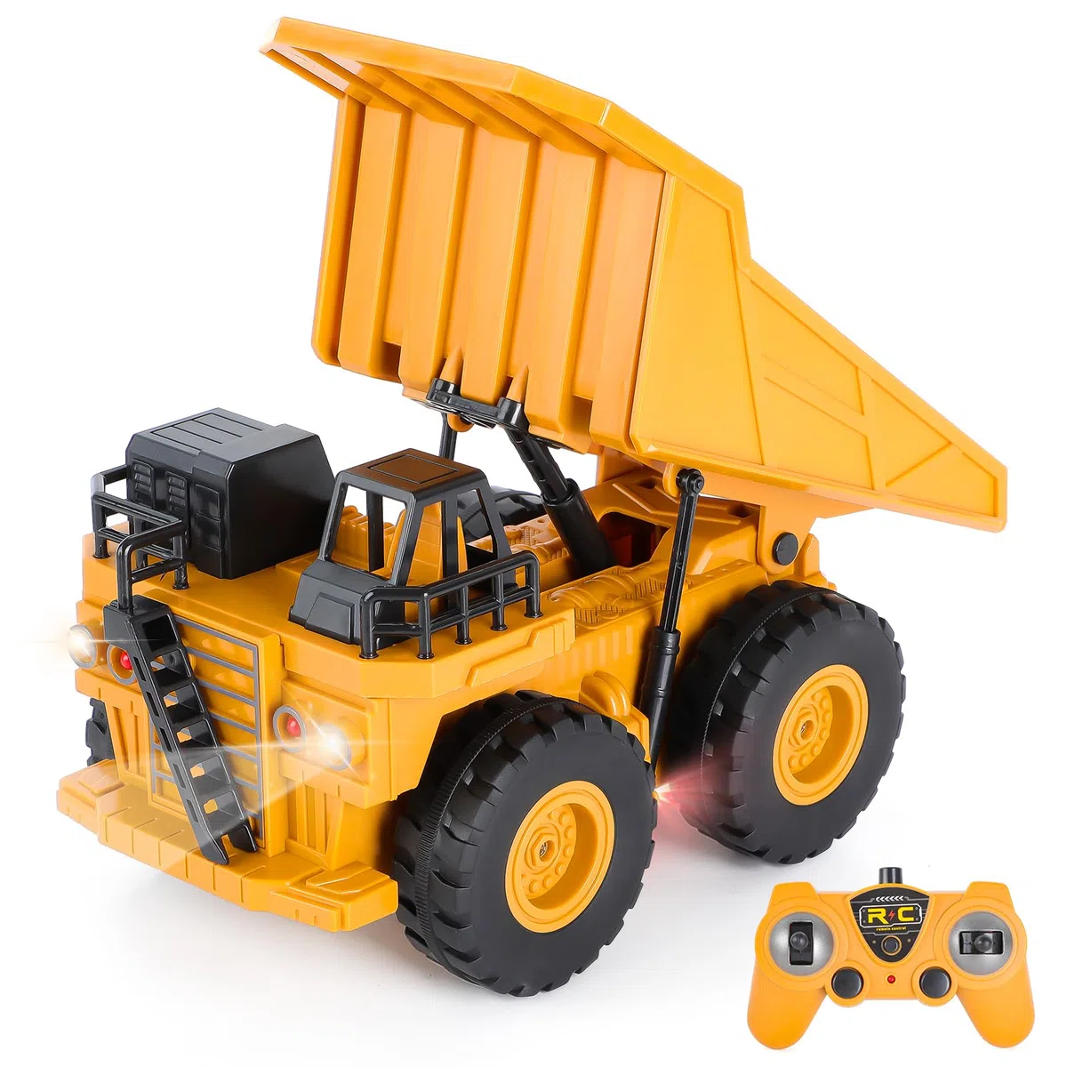 Highttoy Camion Benne Télécommande Enfant, Jouet Camion Poubelle 6 Canaux Échelle 1:24 Véhicule de Chantier Télécommandée avec LED et Son