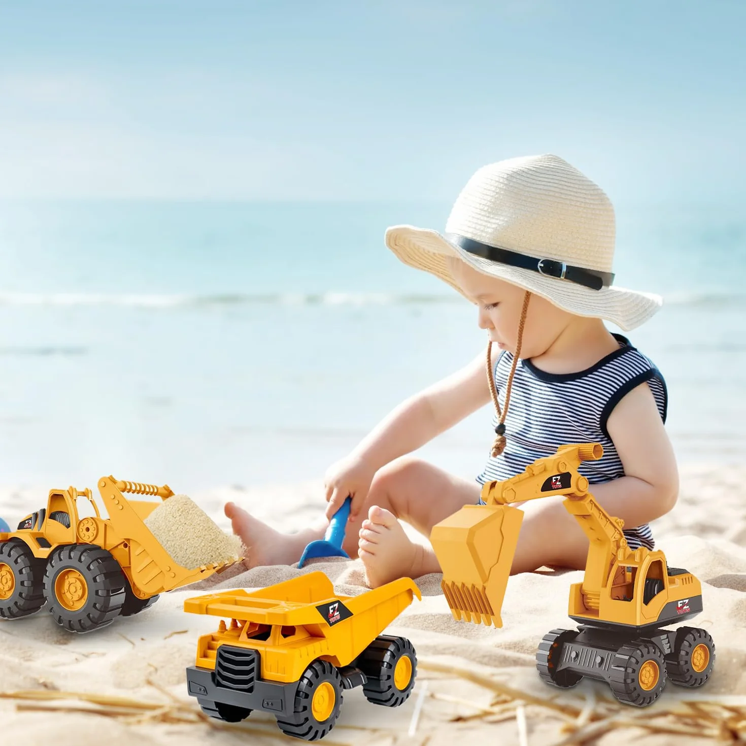 Generisch 3 Pièces Jouets Pelleteuse, Jouet De Sable Pelleteuse Bac à Sable, Jouets De Sable Voiture, avec Camion Benne Bulldozer Pelleteuse, Camions De Chantier pour Enfants pour 3-12 Ans