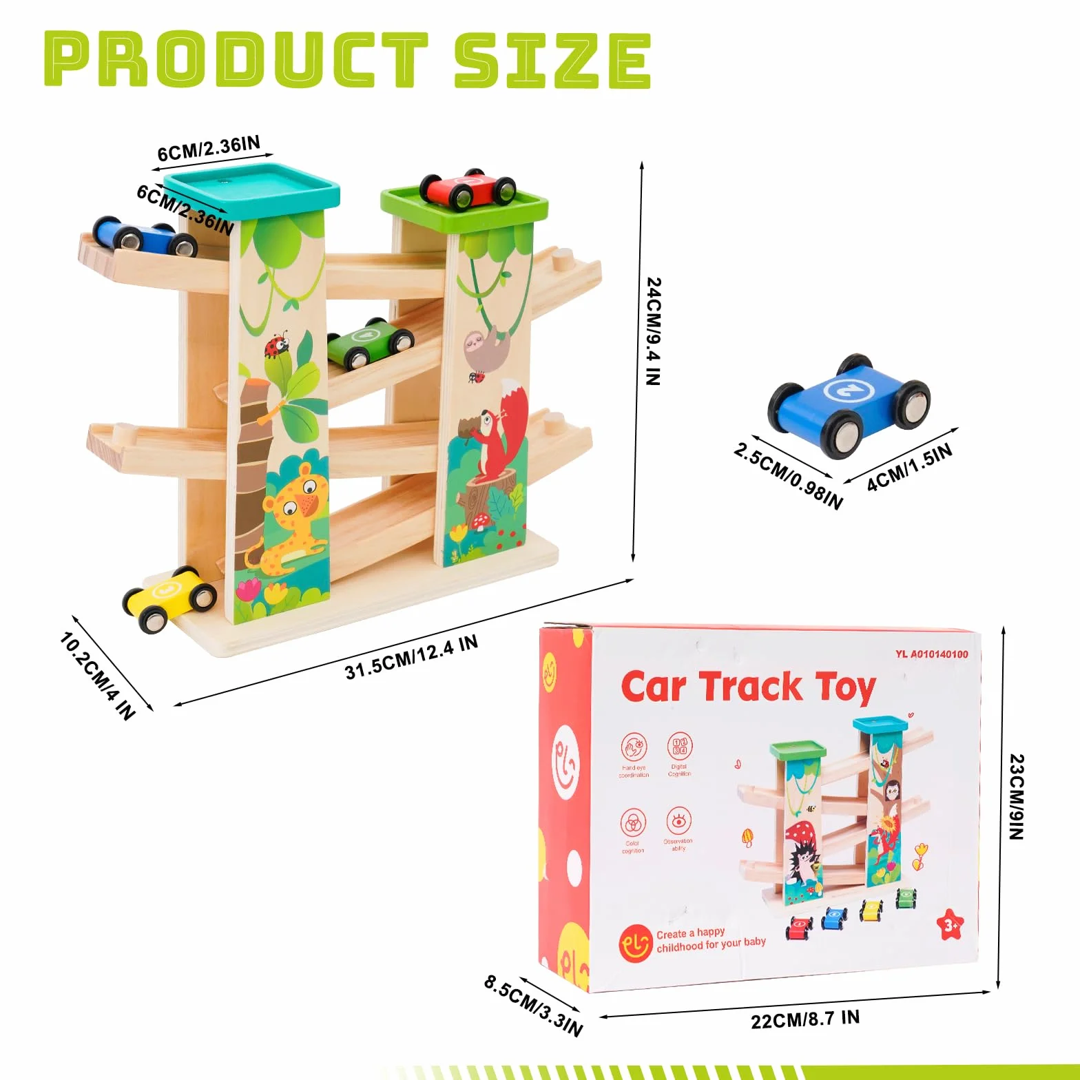 Jouet Garage Voiture Bois pour Enfant,Cadeau Educatif pour Garçon 1 2 3 Ans,Jouet Rampe de Course en Bois avec 4 Voitures et 2 Parkings Haut de Gamme
