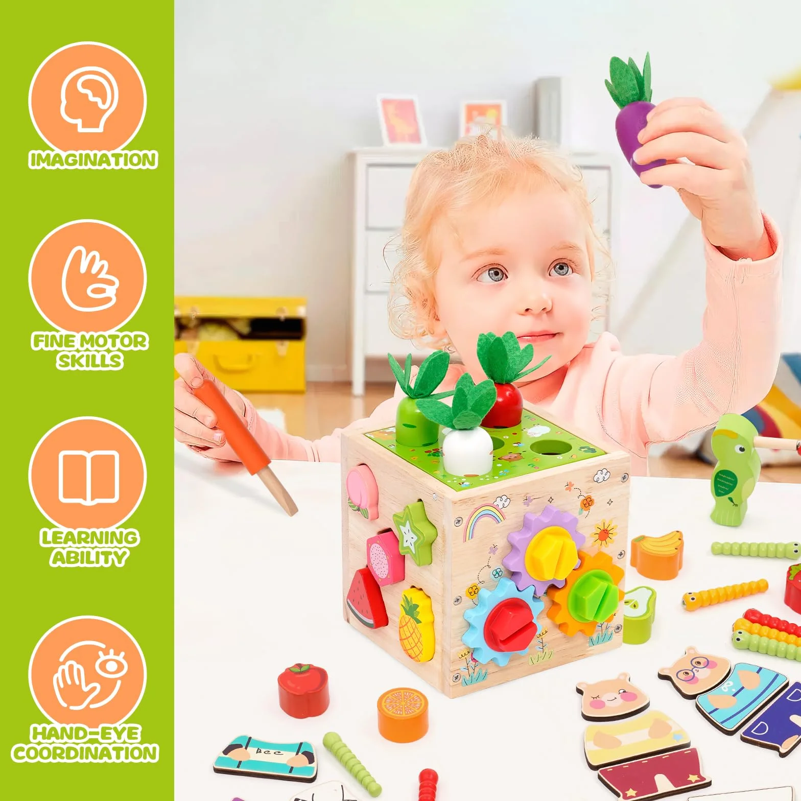 Centre Activité Bébé Multijeux Montessori,Cube d'Activité Bébé,Cube en Bois Comprend la Correspondance des Formes,le Tirage de Carottes,la Capture d'insectes,des Engrenages,Jeux en bois Bébé 1 an.
