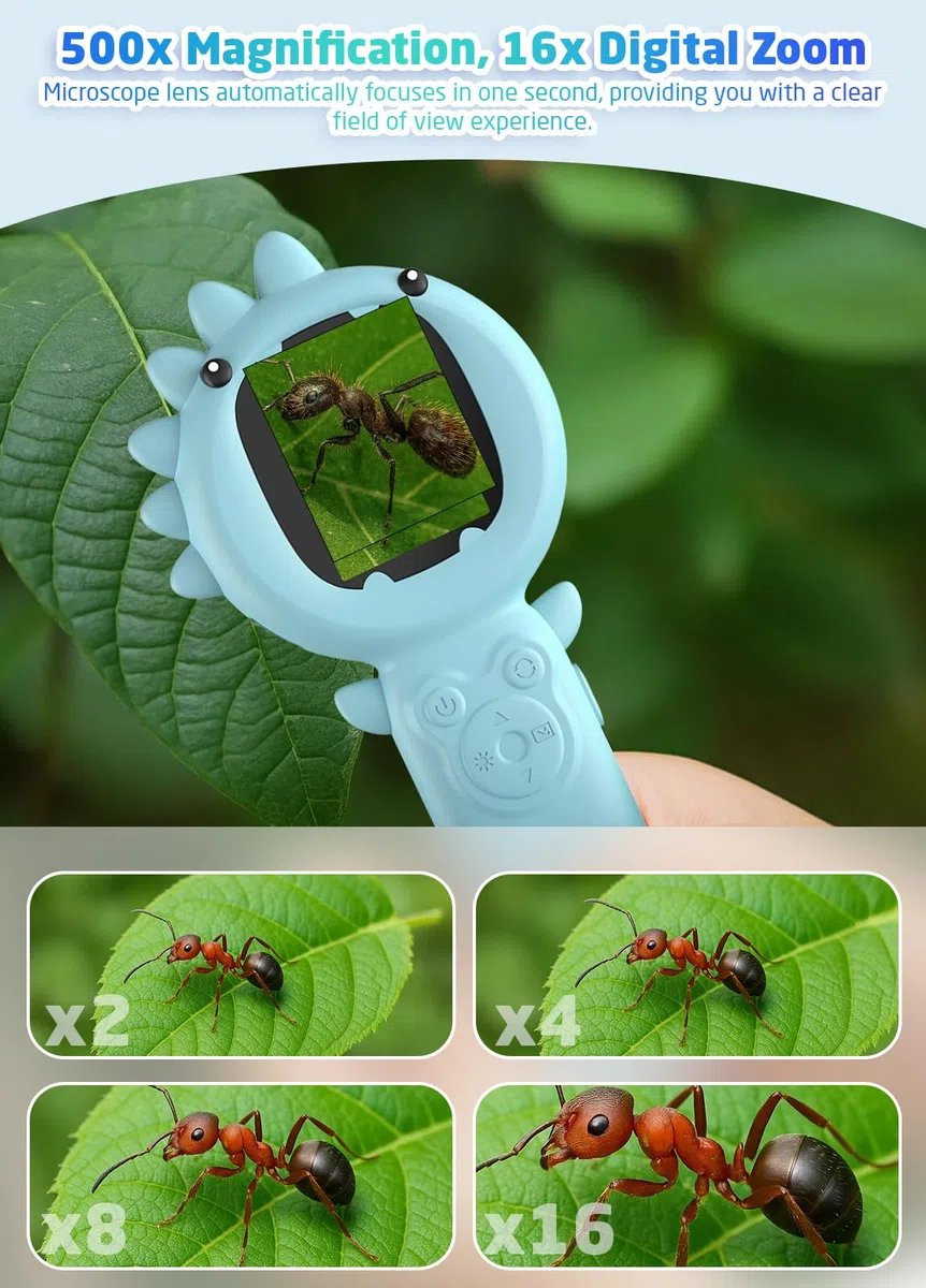 Microscope PHNIXGAM pour Enfants, Mini Microscope Portable pour Tout-Petits, kit de Sciences éducatives, Cadeaux de Noël et d'anniversaire, Jouets numériques pour Filles de 3 Ans et Plus