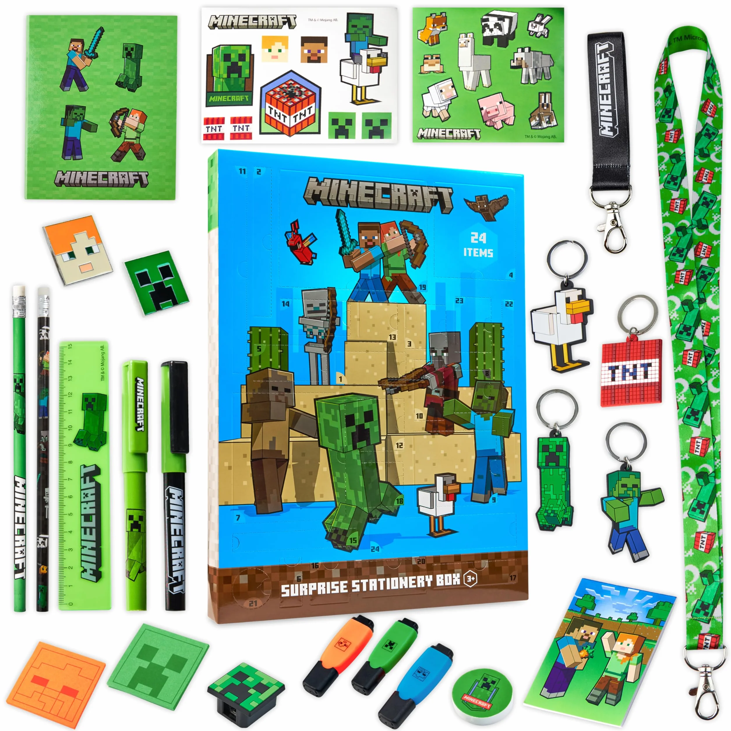 Minecraft Calendrier de l'Avent 2025 Enfant et Ado Creeper Compte à Rebours Noel 24 Surprises Papeterie Original et Accessoires Kawaii Cadeau Enfant (Bleu)