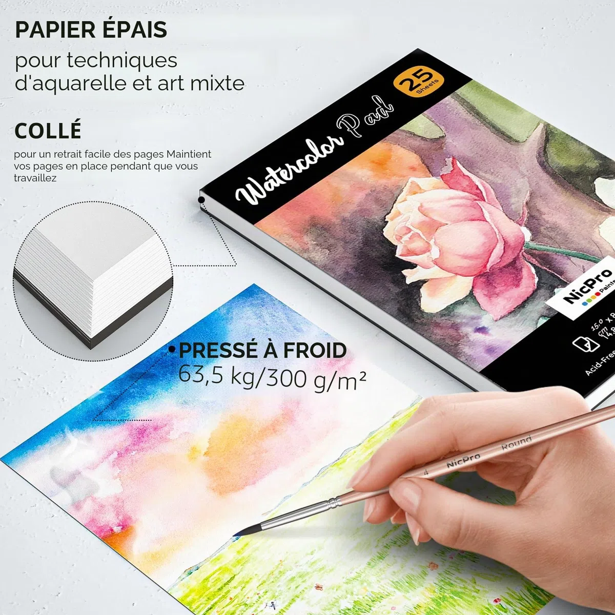 Nicpro Kit de Peinture Aquarelle, 48 Couleurs Aquarelles avec 8 Pinceaux, Palette, 25 Papiers Artistiques, 2 éponges, Fournitures de Peinture Non Toxiques pour Adultes, Débutants, Artistes