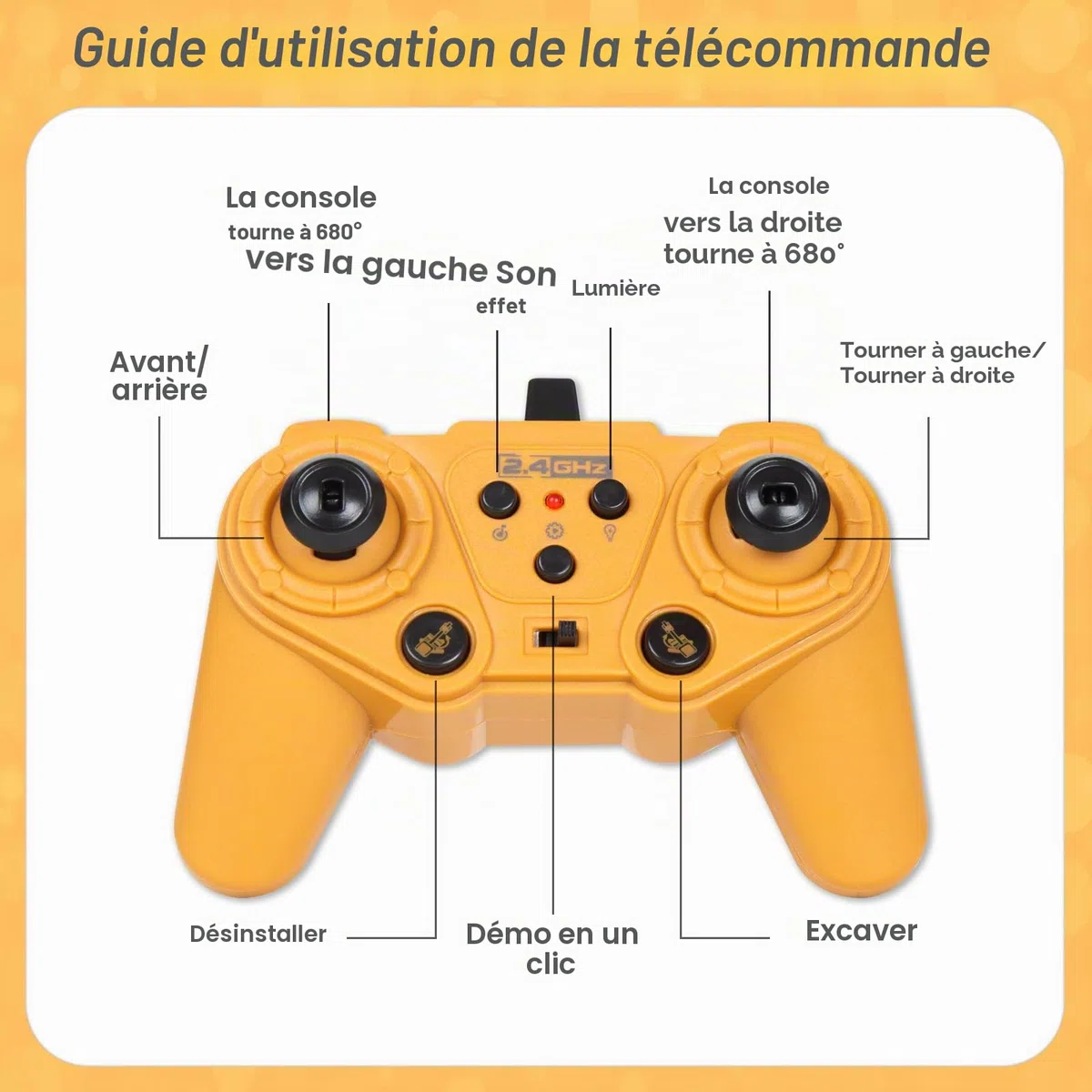 Jouets d'excavatrice télécommandée pour garçons, tracteur pelleteuse RC 2 en 1 avec bulldozer, véhicules de construction 2,4 GHz avec lumière et musique pour garçons de 3, 4, 5, 6, 7, 8 à
