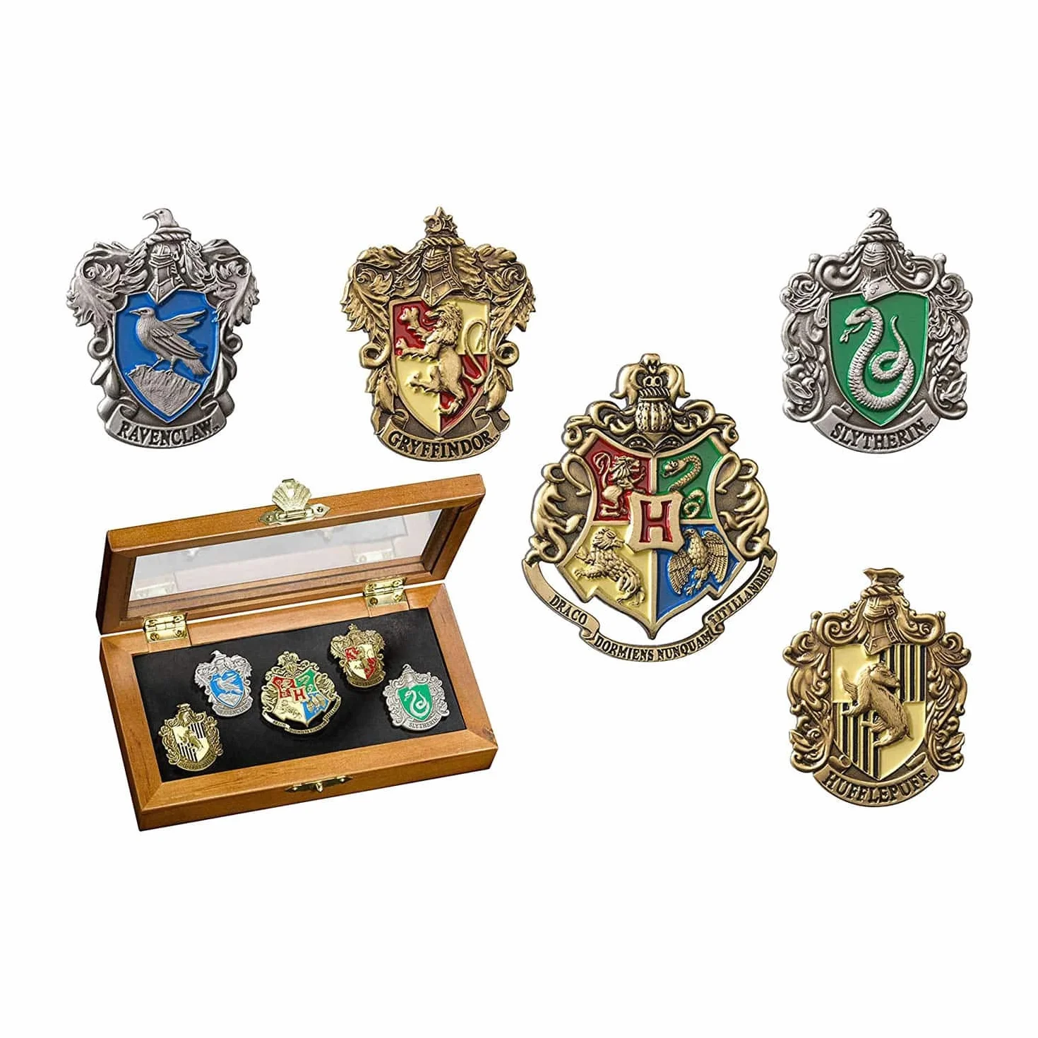 Épingle de la maison de Poudlard - Cinq épingles dans une vitrine. Collection Harry Potter Noble