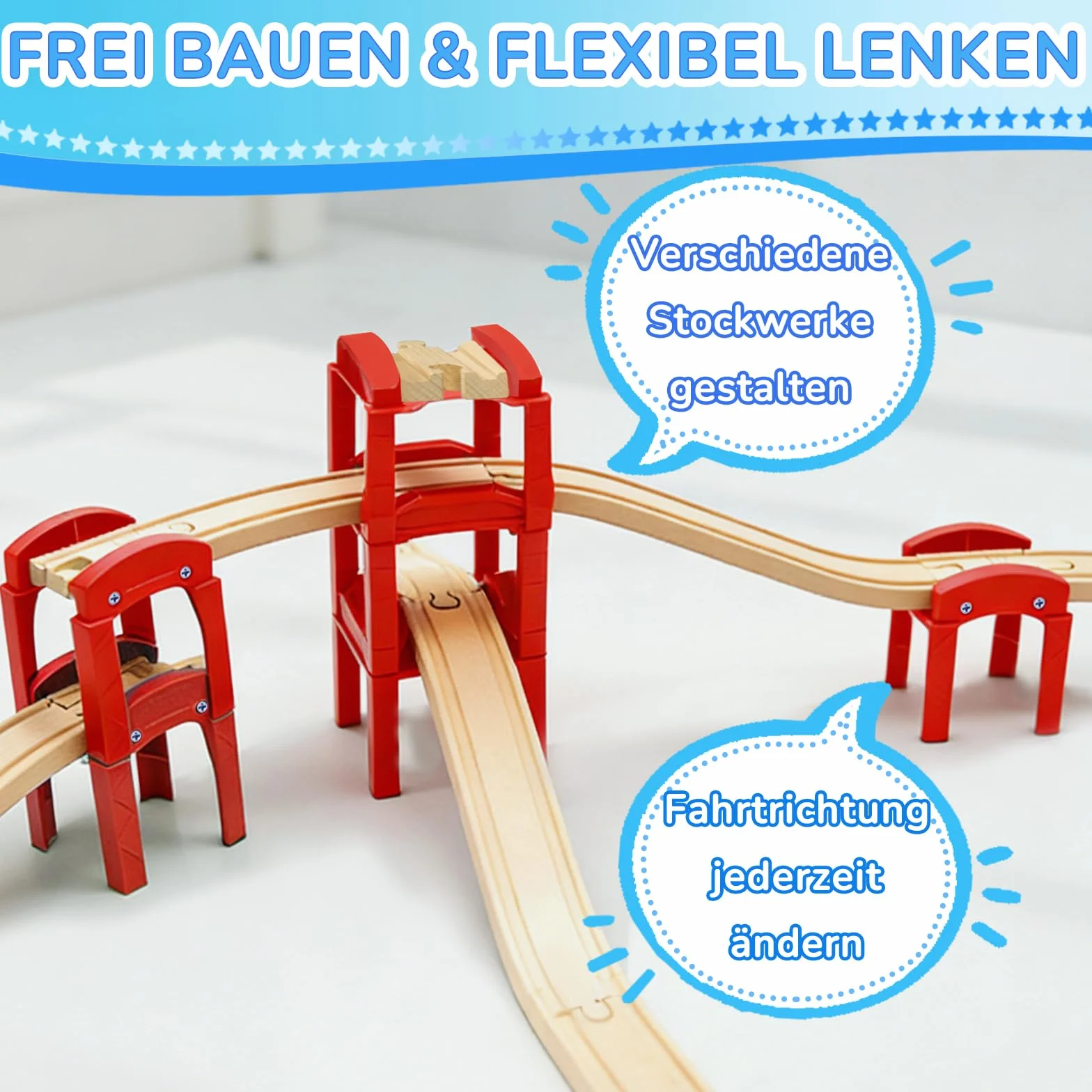Coffret d‘Extension de Rails en Bois 14 pièces pour Circuit de Train, Empilables pour Constructions, Enfant 3+ Ans