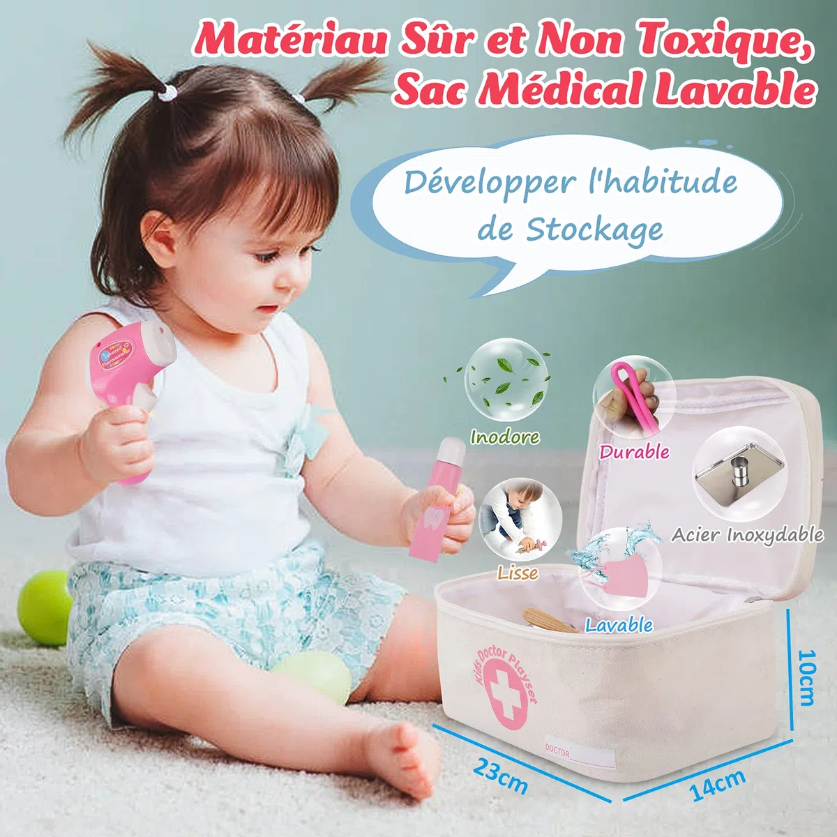 Sundaymot Mallette Docteur Enfant Jouet - 32Pièces Kit du Docteur Médicale Jouet avec Stéthoscope, Jeu d'imitation Cadeau pour Fille Garçon Enfant 3 4 5 6 7 Ans, Rose
