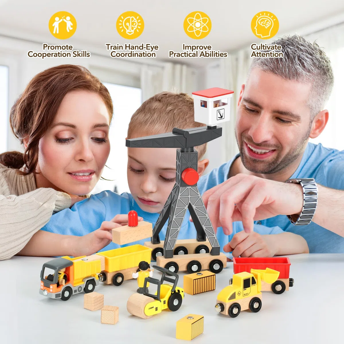 Jouet Enfant 3 Ans Véhicule Chantier Jouet en Bois,29 Pcs Engins de Chantier Enfant avec Grue Jouet Creuseur Camion-Benne Rouleau Routier Panneaux de Signalisation Cadeau Garçon 2 3 4 5 6 Ans