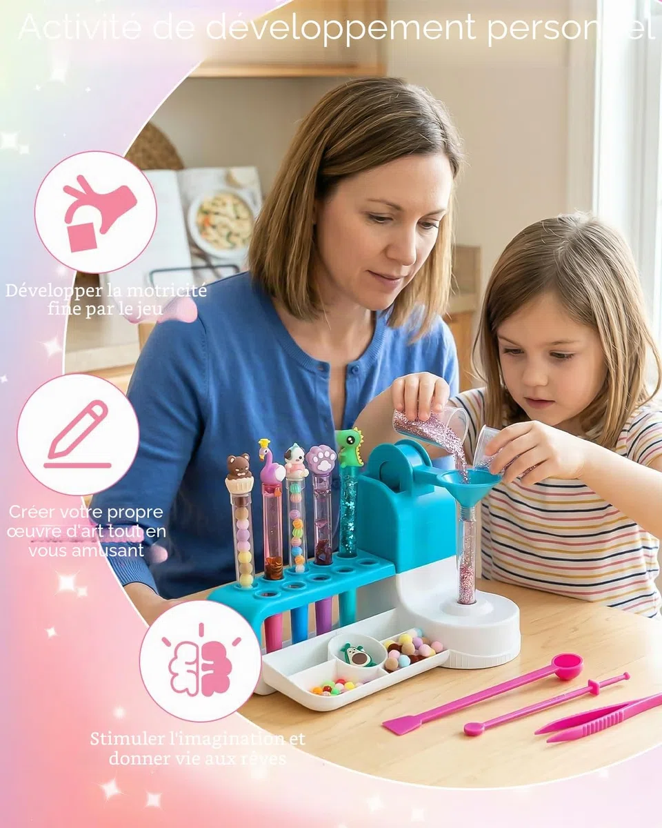 Kit de stylos à faire soi-même pour enfants à partir de 6 ans – Mon atelier de stylo avec 50 accessoires pour 10 stylos personnalisés (paillettes, plumes, figurines) – Kit créatif comme cadeau