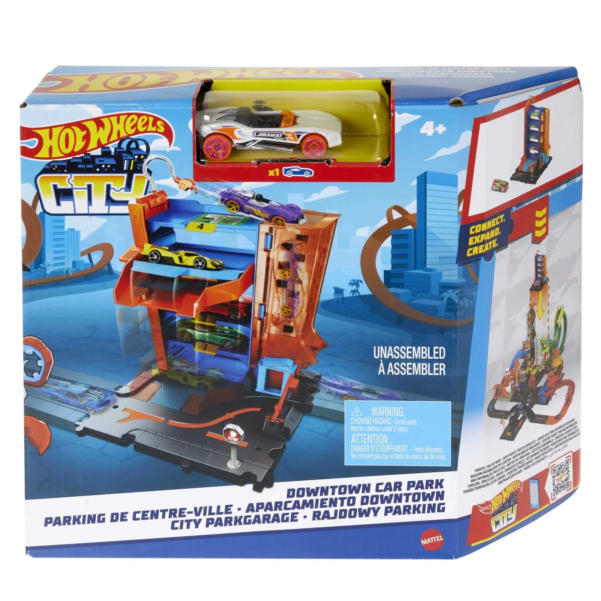 Hot Wheels - Coffret Garage City Downtown - avec 1 Voiture Espace pour 4 Véhicules - Compatible Circuits et Kits City - Cadeau dès 4 Ans, HDR28