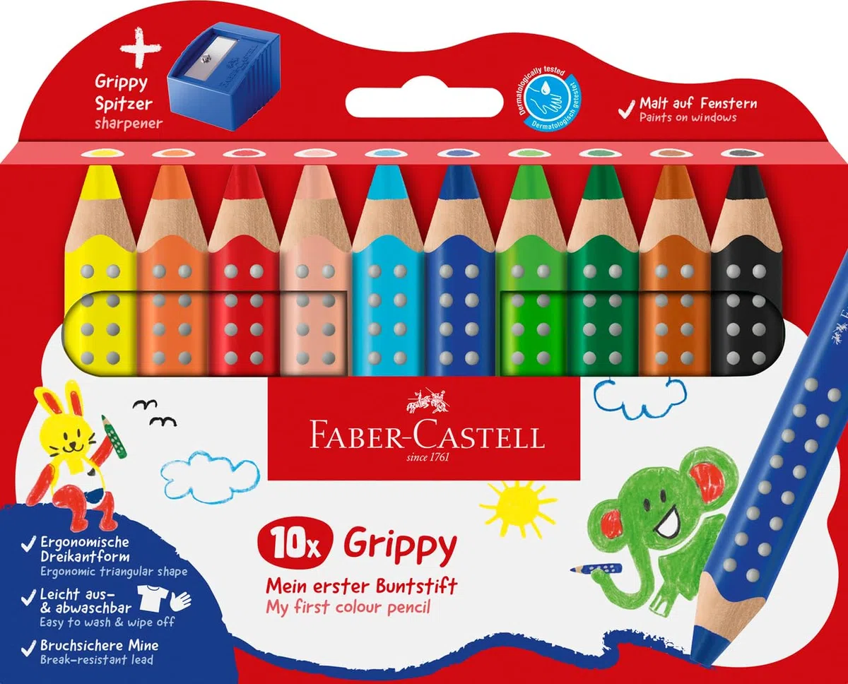 Faber-Castell 110636 Set Grippy, 10 Gros Crayons de Couleurs Enfants, Kit Dessin Facile à Laver, Crayon de Couleurs de Forme Triangulaire Ergonomique et Épaisseur de 10mm, Taille Crayon Inclu