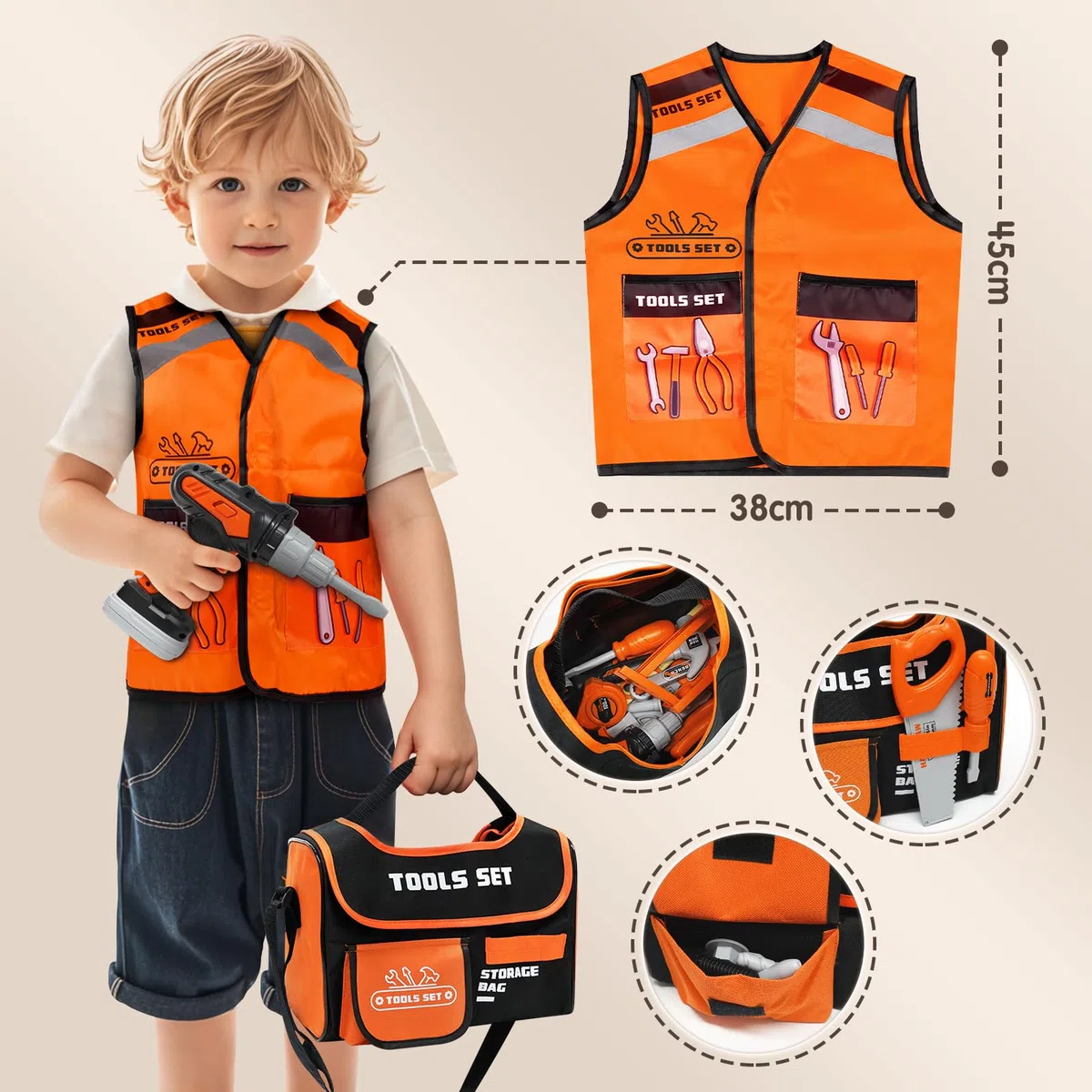 Vanplay Jouet Enfant 3 Ans Boîtes à Outils avec Perceuse Électrique, 43 Pièces avec Sac à Outils & Gilet, Cadeau Enfant 3 4 5 6 Ans