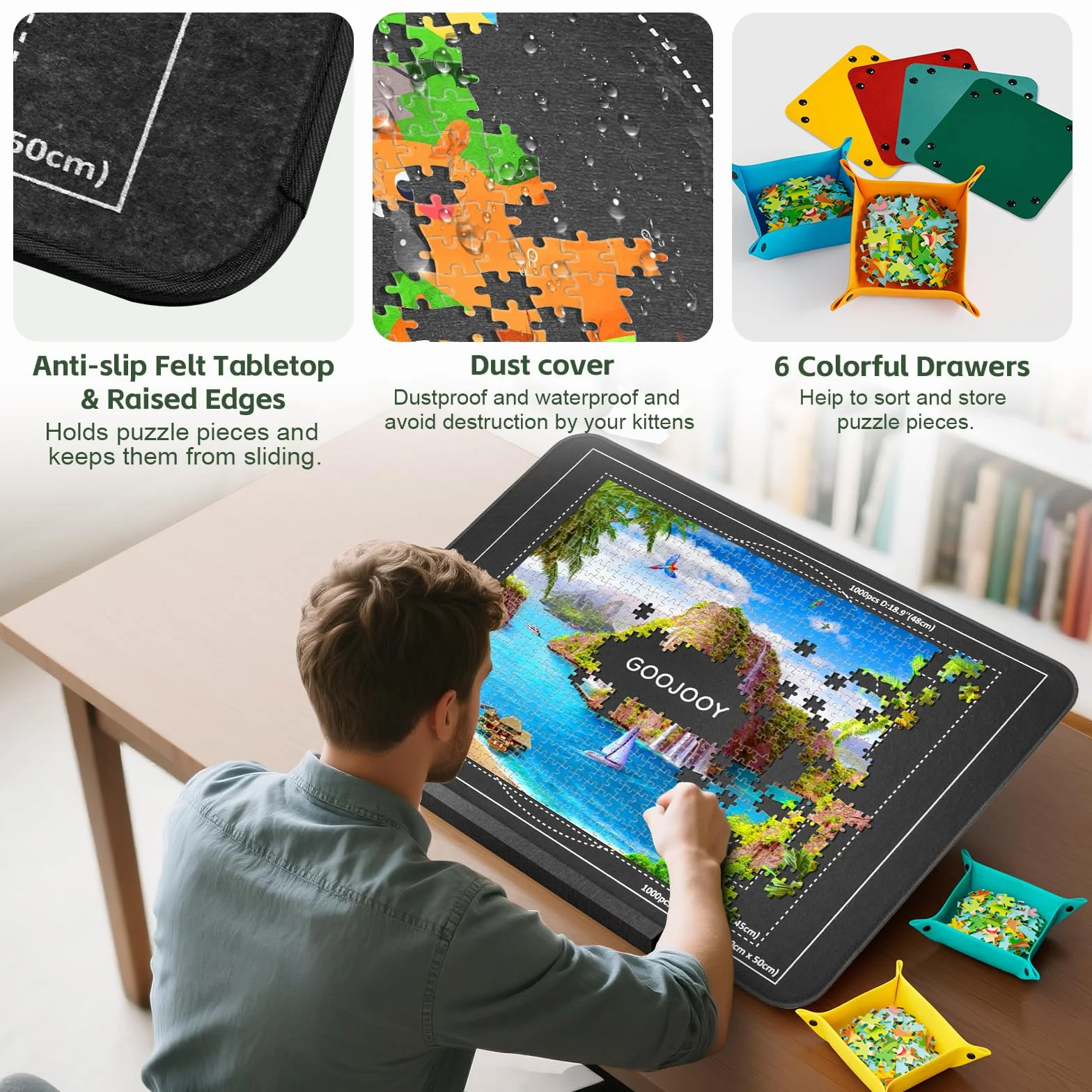 Plateau Puzzle avec Support Réglable et Couvercle Protecteur, Planche Puzzles Portable - Idéal pour Puzzles de 1000 Pièces, Table Puzzle en Feutre avec 6 Trieur