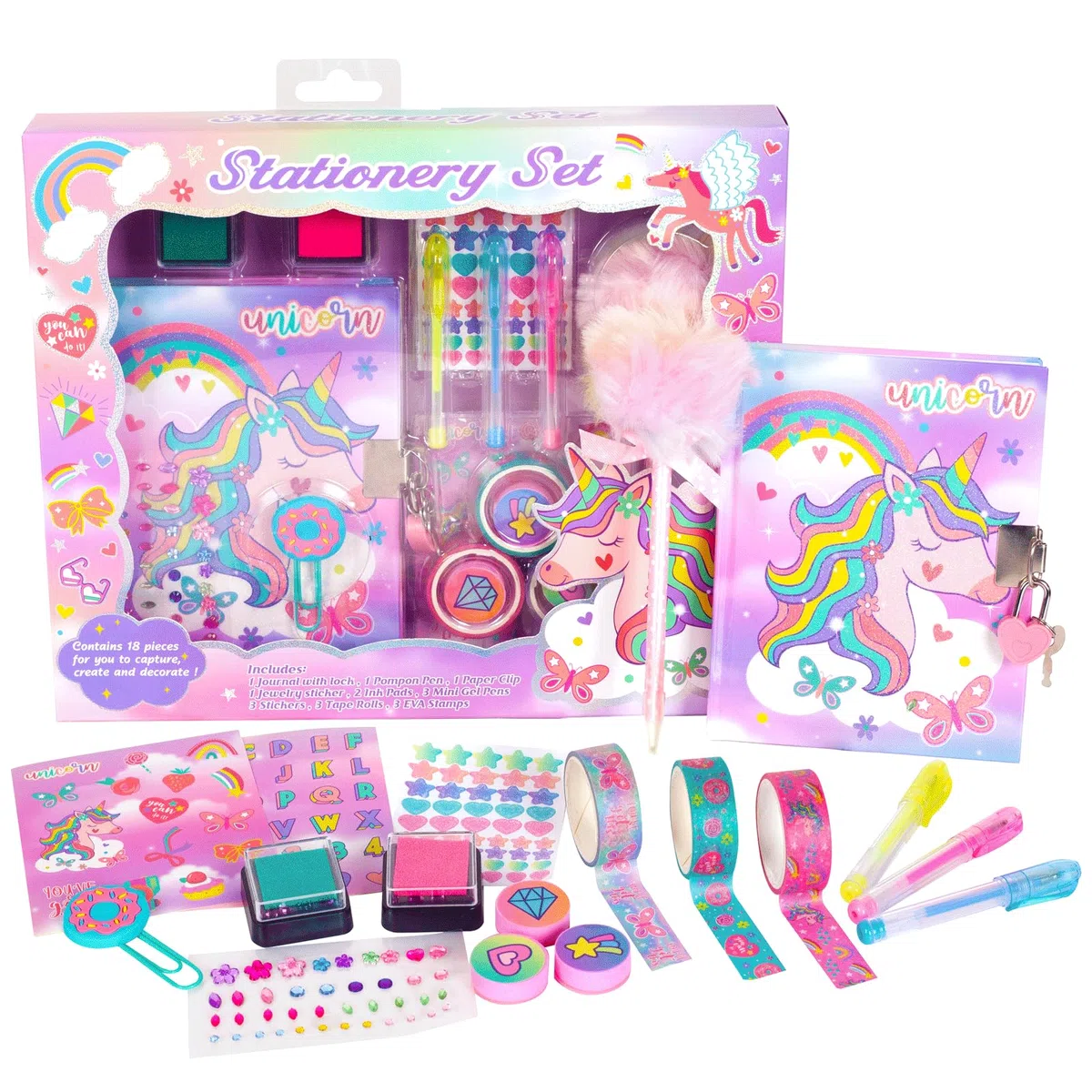 Journal intime licorne pour filles avec serrure et clés, ensemble de papeterie licorne avec agenda, timbres, autocollants, stylos, journal licorne cadeau d'anniversaire pour filles de 4 à 12 ans