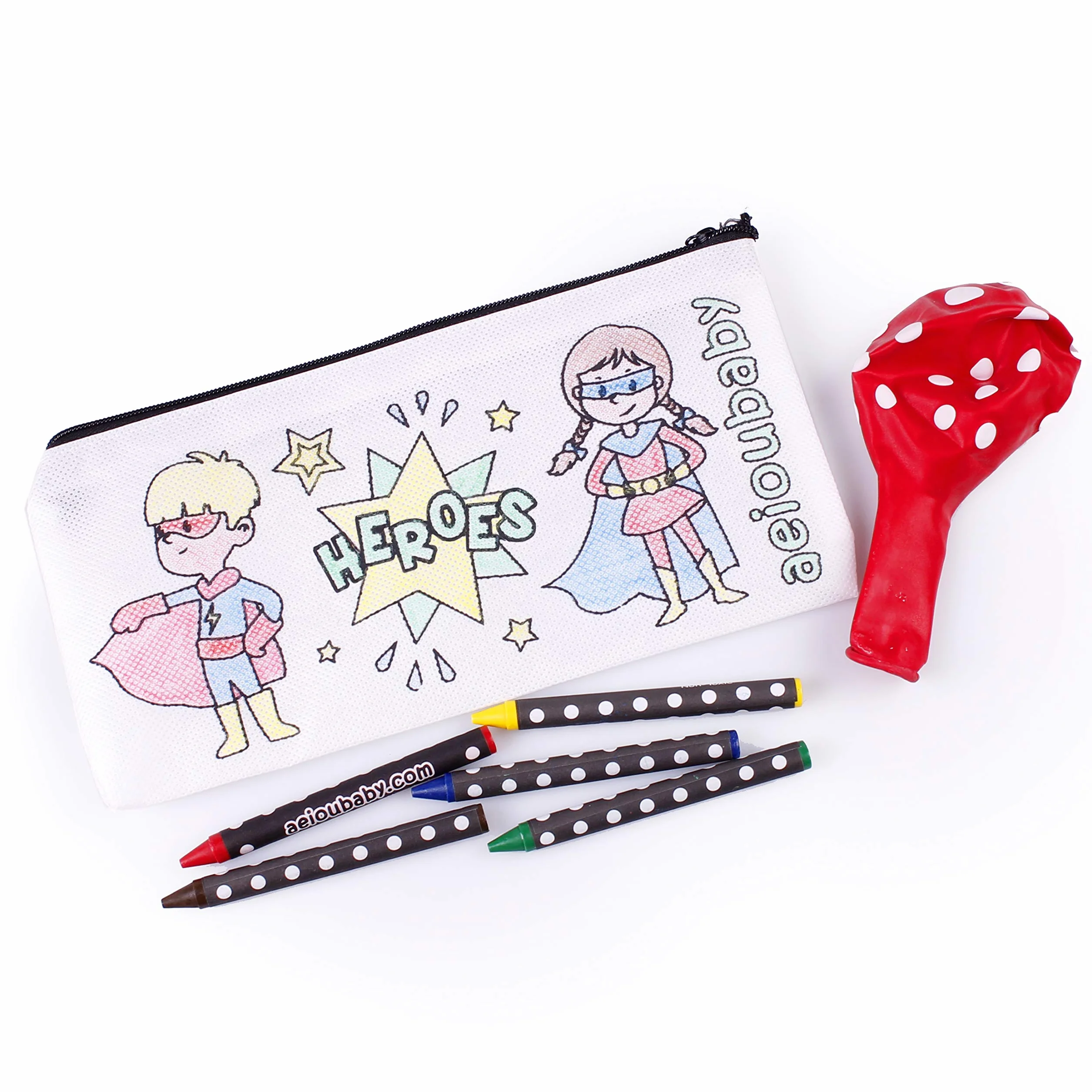 aeioubaby.com 30 Trousses à Colorier + Sac Réutilisable | 30 Sacs individuels contenant 5 Crayons de Couleur et un Ballon | Cadeau pour enfants au fêtes et anniversaires (Héros)