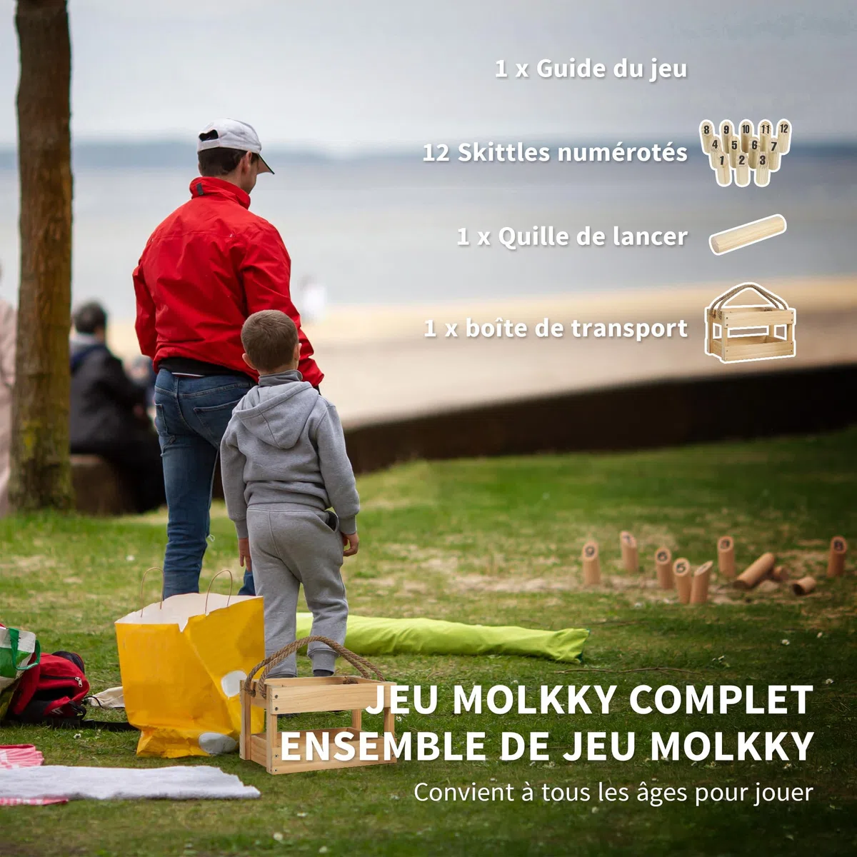 SPORTNOW Jeu de quilles finlandaises, Jeu de Plein air en Bois de pin 12 quilles, 1 bâton et 1 boîte de Transport, Jeux de Plein air pour Adultes, Jardin, Pique-Nique, Plage, fête, Effet Bois Naturel