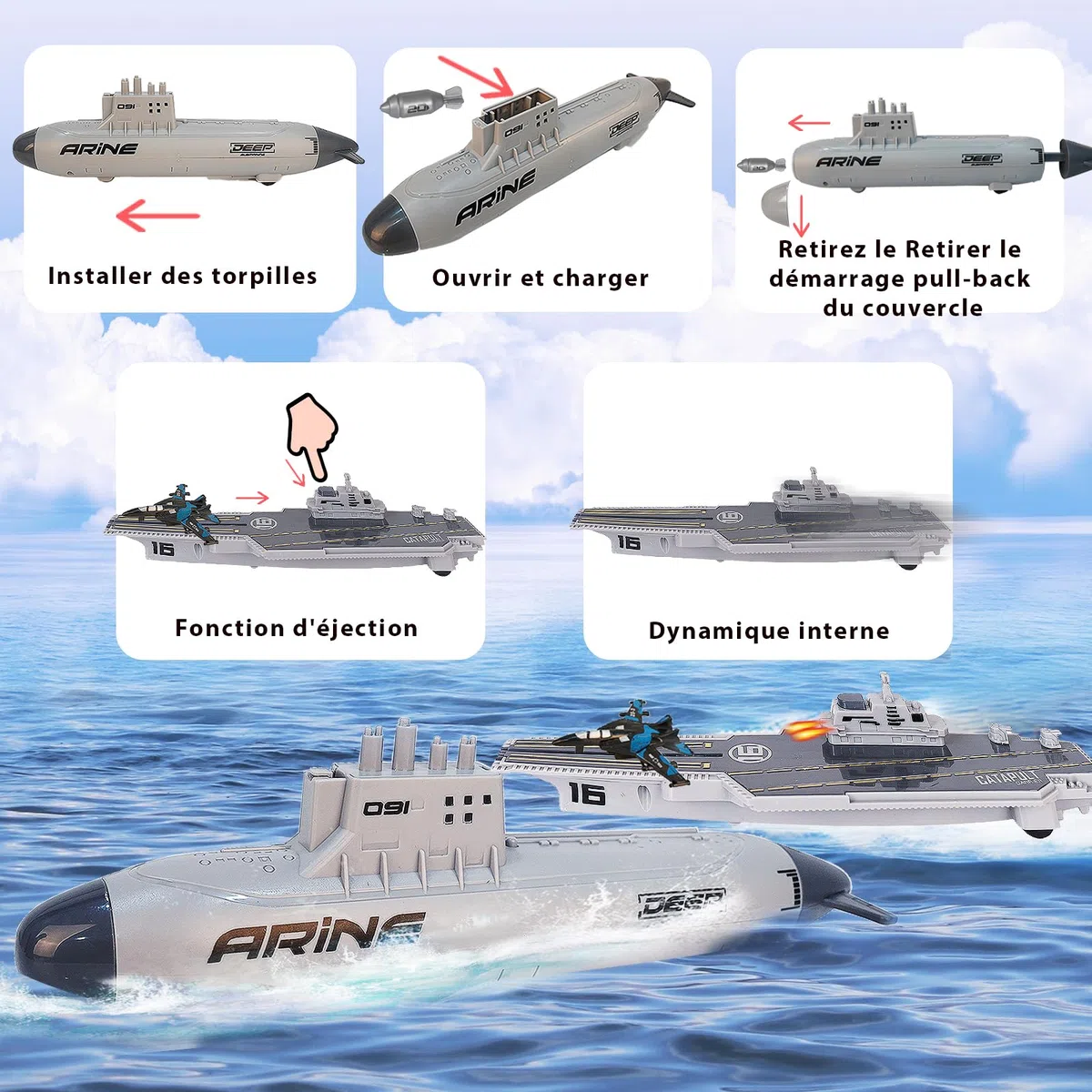 VBACALA Jouets Militaires Navals,Ensemble dejouets Porte Avions pour Enfants, Avions de Combat cuirassés avec Fonction de Repli, jouetsmilitaires U Boat