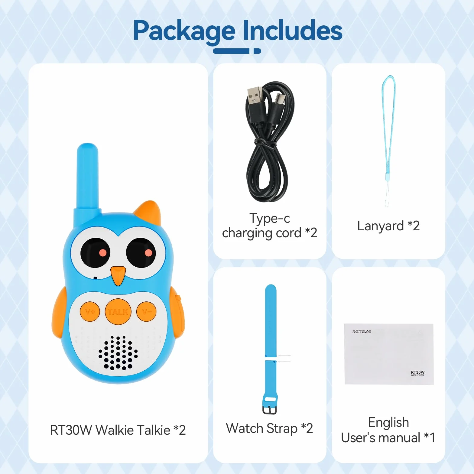 Retevis RT30W Talkie Walkie Enfants, Rechargeable Jouet Enfant 4-8 Ans Garcon Hibou Jouets, LED Yeux, Garçons Filles Idée Cadeau Anniversaire Exterieur Camping Jeu Familial (1 Paire)