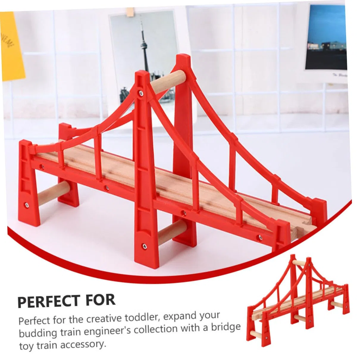 Pont Ferroviaire Surélevé Pendant la Saison des Fêtes en Bois Rouge Compatible Tous Jouets de Voies Ferrées Accessoire pour Circuits Garçon et Filles