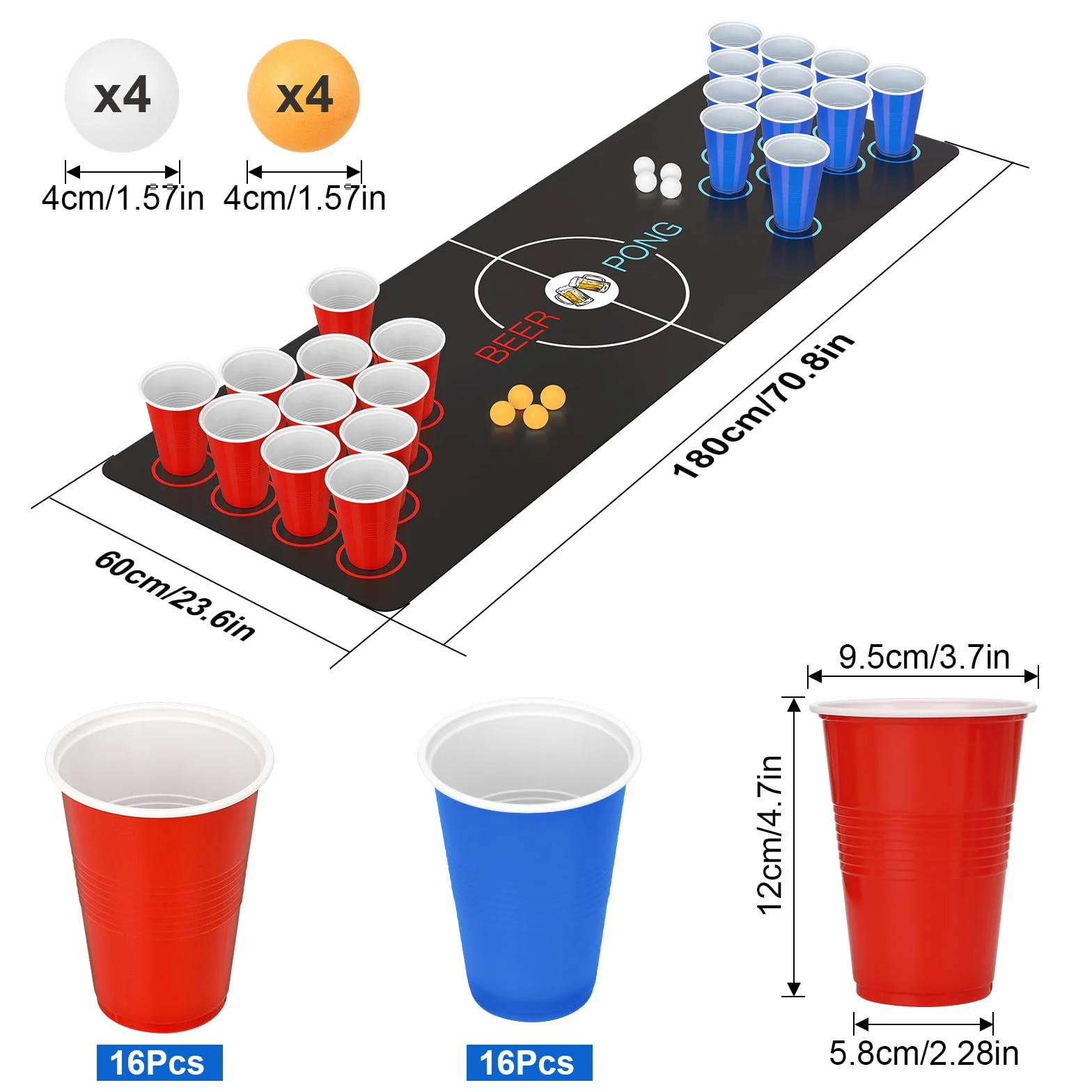 Beer Pong, Jeux à Boire Gobelets, 32 Réutilisables Tasse de Bière Pong (16 Rouge + 16 Bleu) , 8 Balles e 1 set de table, Réutilisables, pour Une Réunion D'Amis,Enterrement de Vie de Jeune Fille
