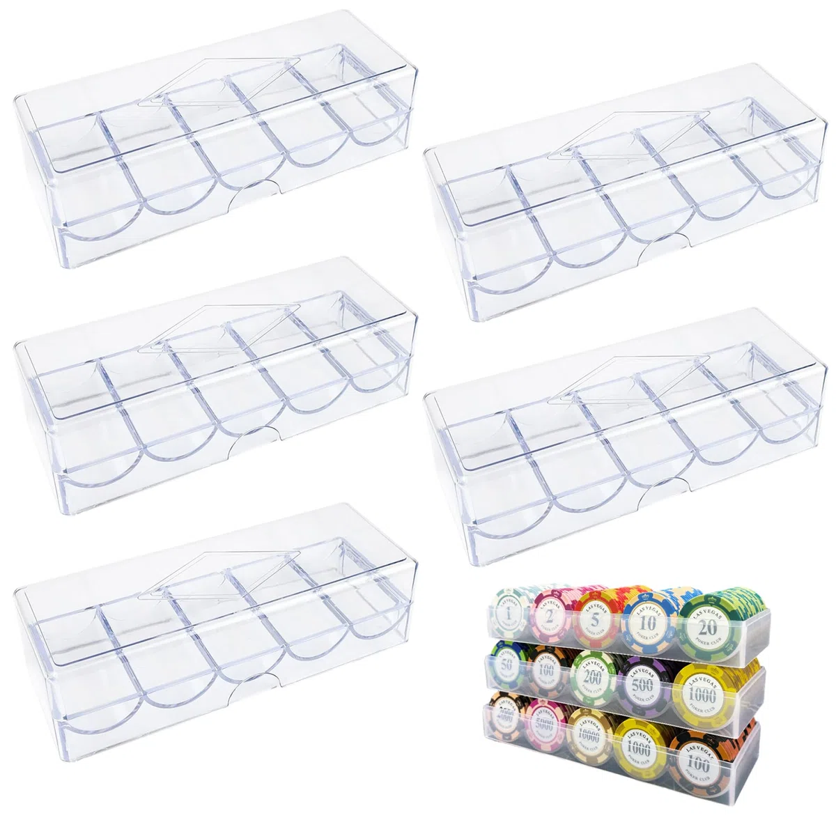 Jorzer Coffret à jetons de Poker, Plateau en Plastique Transparent avec Couvercle, 5 pièces, présentoir de Rangement Multi-usages pour Jeux Hasard, fêtes ou Maison